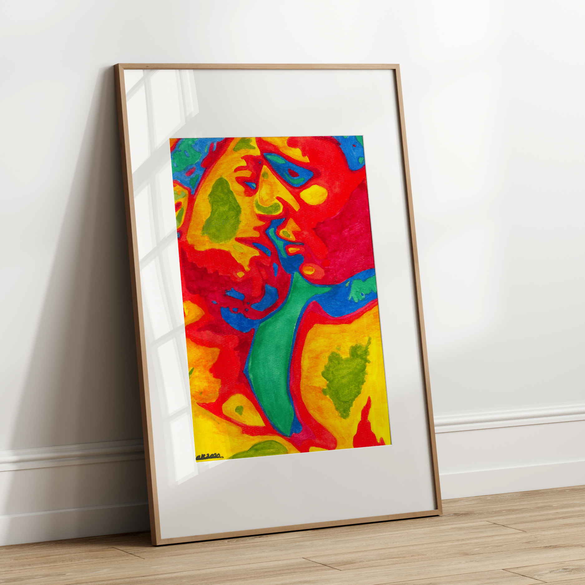 Framed colorful gay couple kissing art print on a white wall