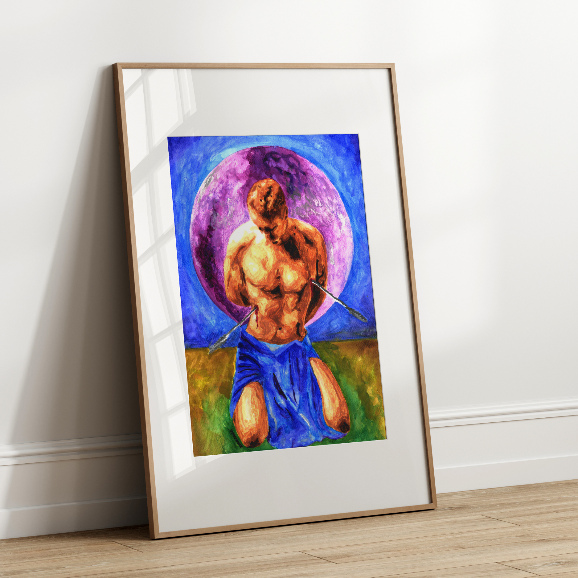 Framed artwork of a muscular figure with a colorful background on a white wall.