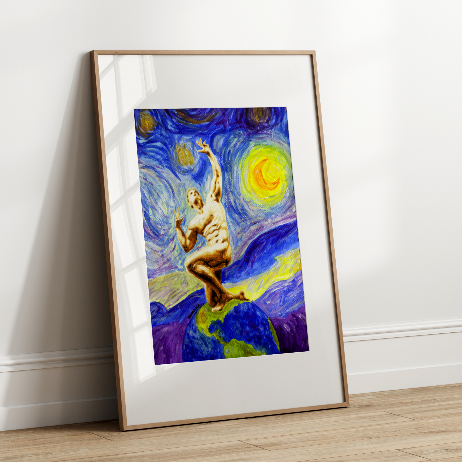 Framed artwork of a person dancing on a colorful abstract background leaning against a white wall.