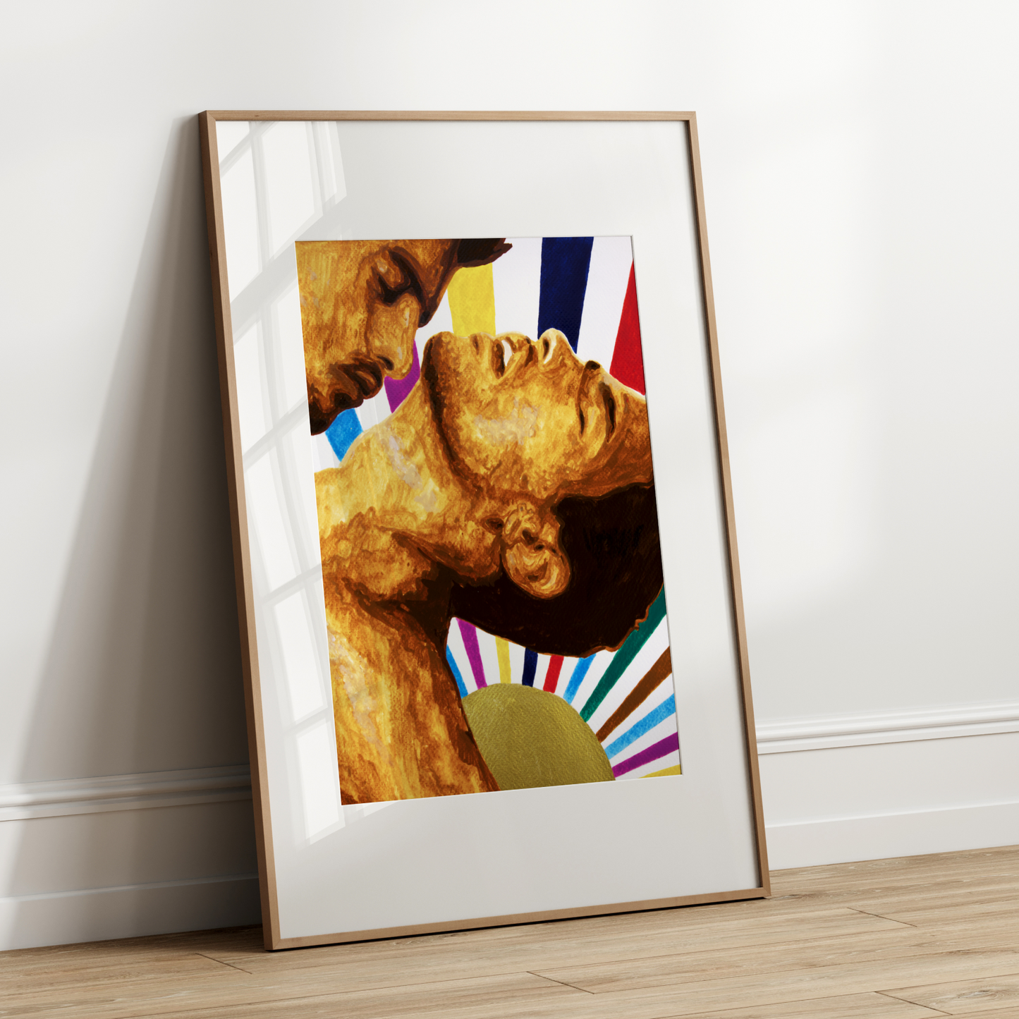 Framed artwork of a classical sculpture with colorful abstract elements on a white wall.
