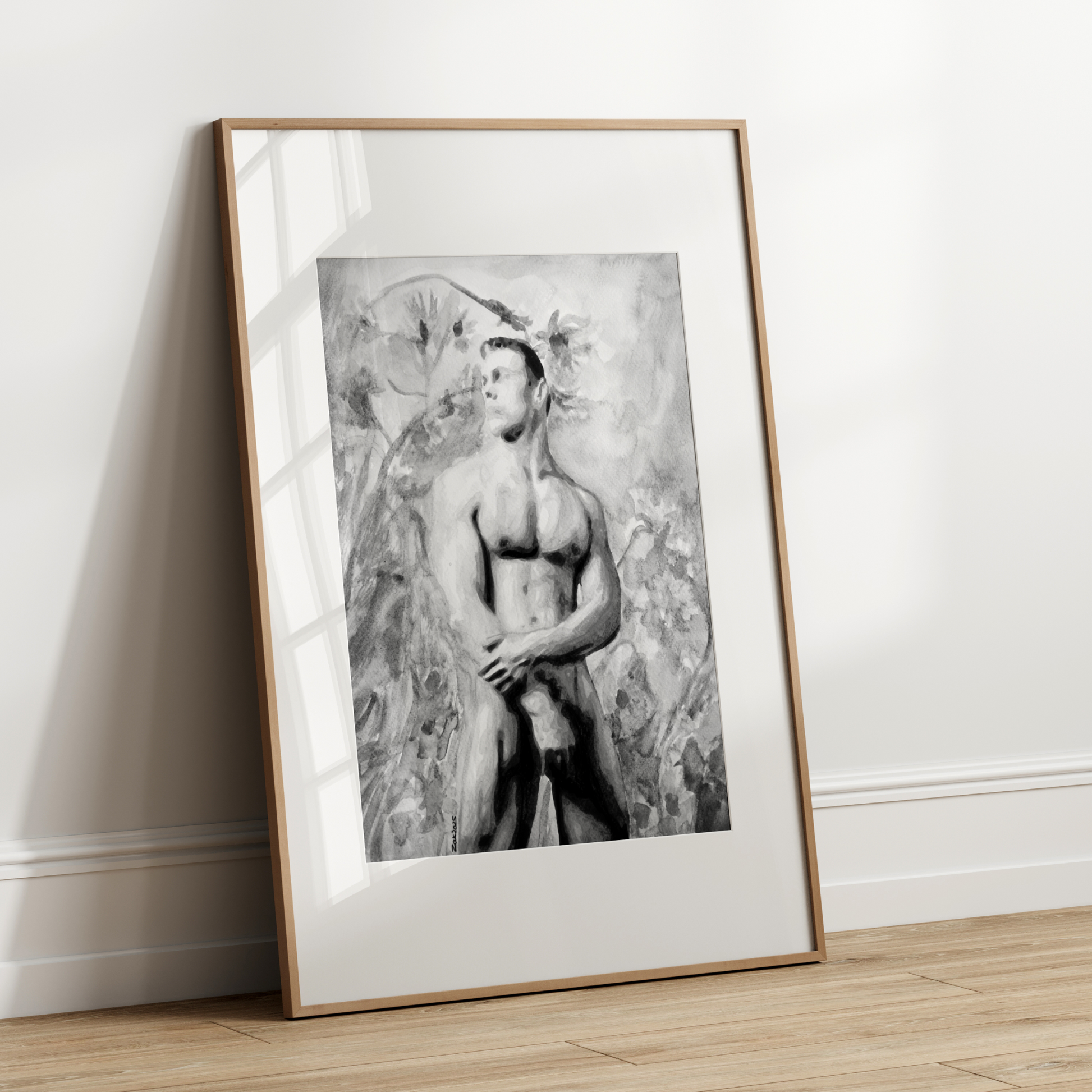 Black and white watercolor painting of a nude muscular male viewed from a low angle, expressing bold queer identity and masculine beauty by Zak Pop Art.