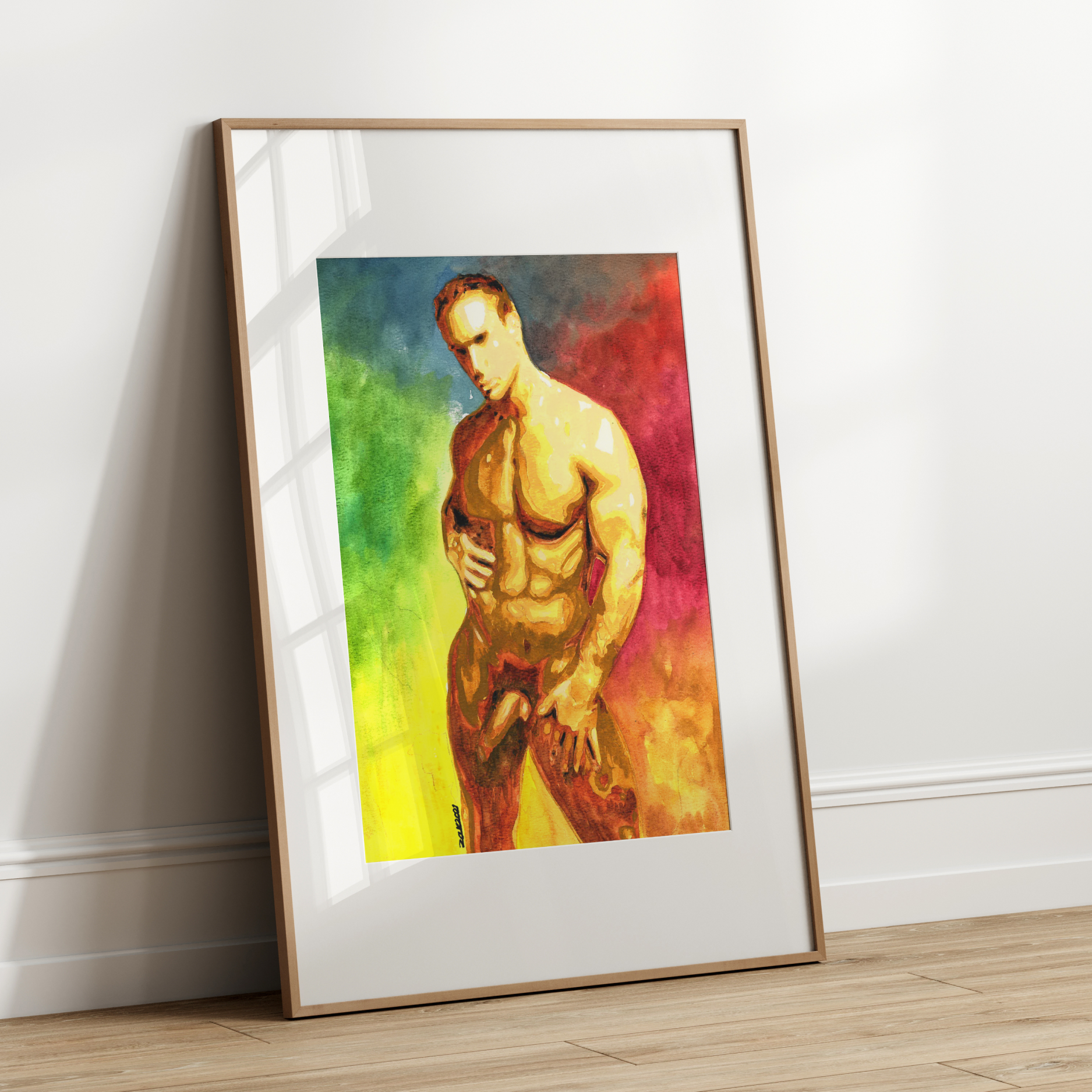 Framed artwork of a muscular figure on a white wall