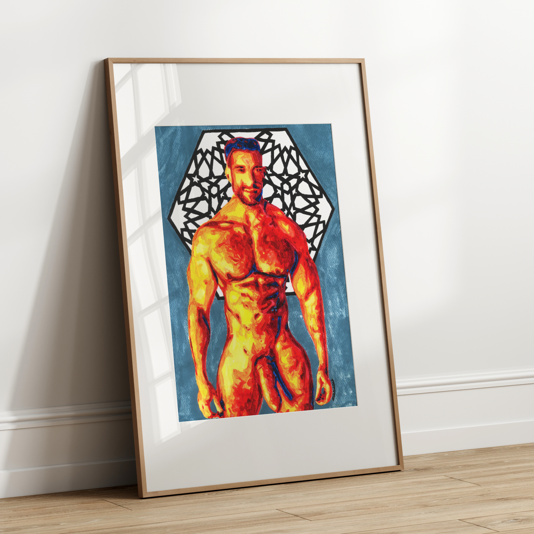 Framed artwork of a muscular figure with abstract design on a white wall.