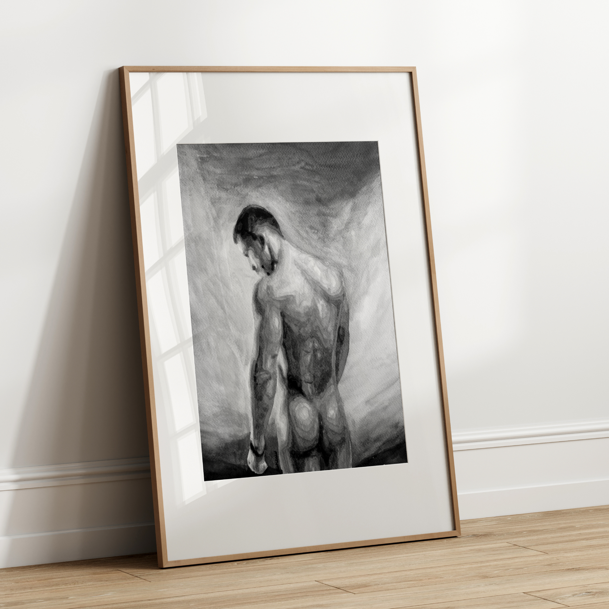 Black and white watercolor painting of a proud nude man with a defined body, facing the sky, symbolizing queer strength, liberation, and timeless beauty. Original Zak Pop Art.