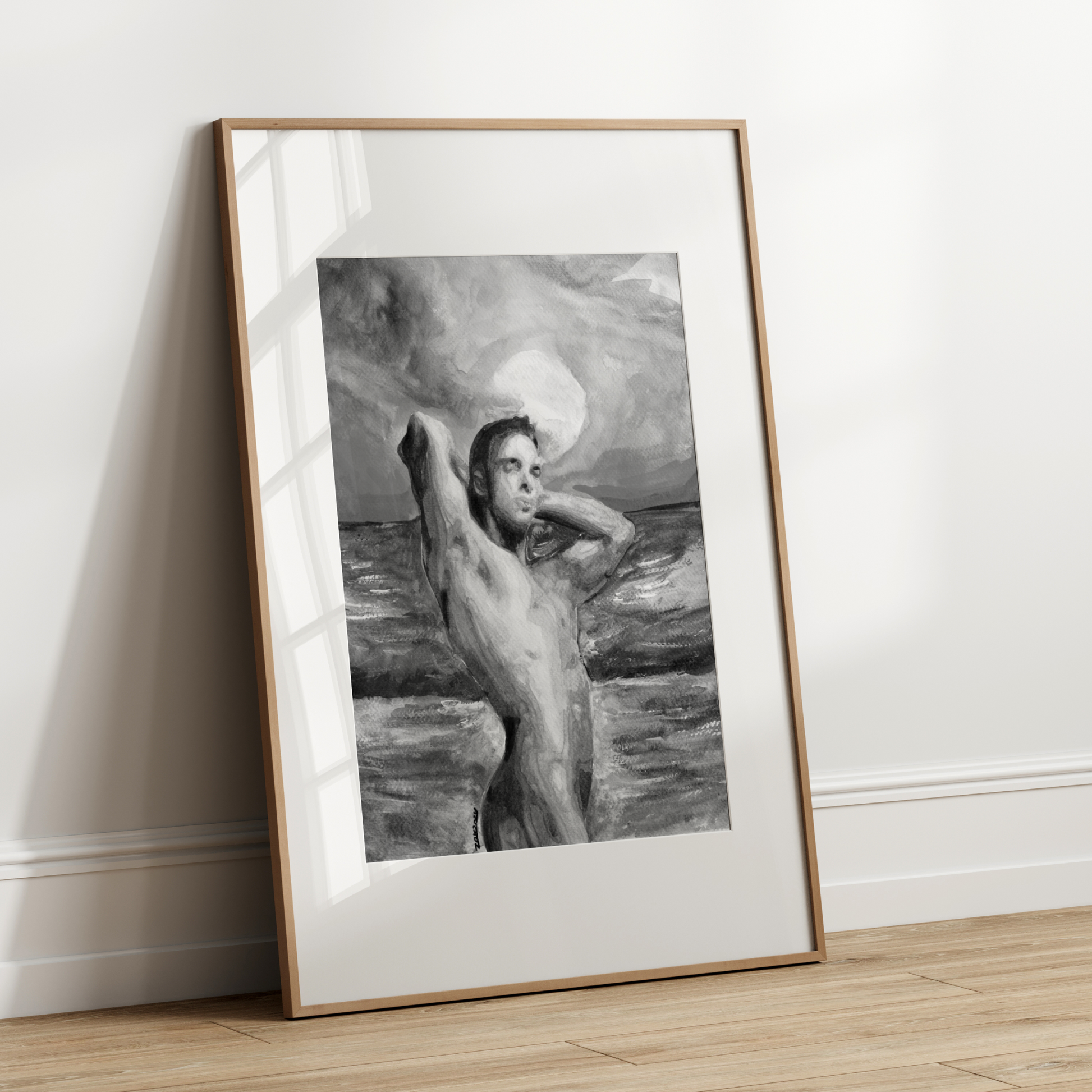 Black and white watercolor painting of a muscular nude man standing by the ocean, flexing his arms behind his head. The silhouette contrasts with a softly textured sky and sea, conveying queer strength, calm, and confidence.