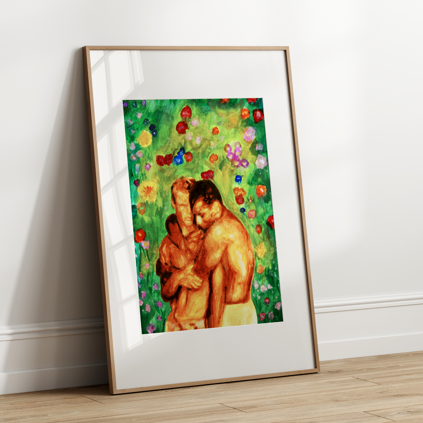Romantic watercolor illustration of a gay couple embracing tenderly in front of a lush green garden with blooming flowers. LGBTQ+ pride and love celebrated in vibrant color.