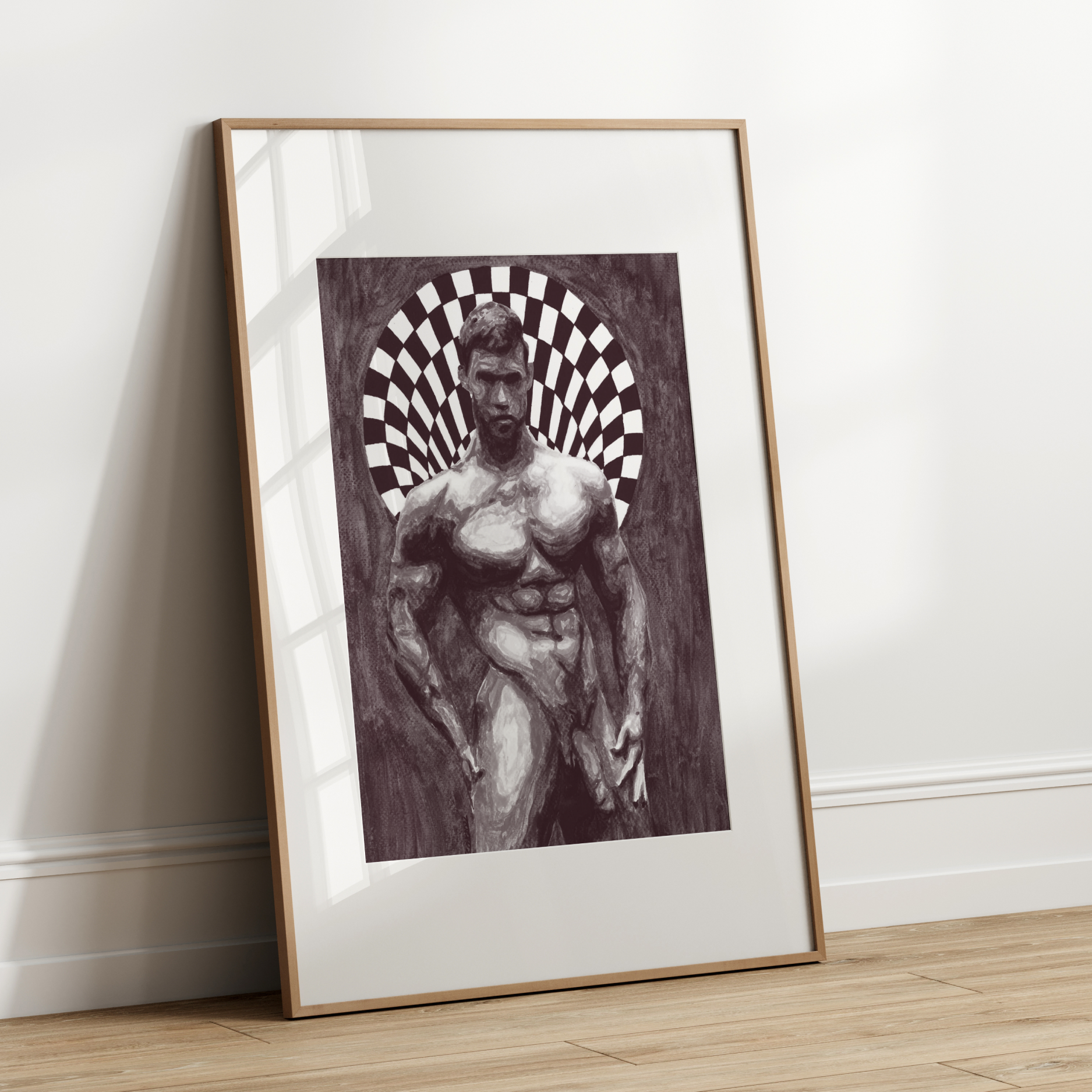 Framed artwork of a muscular figure with a checkered halo on a white wall.