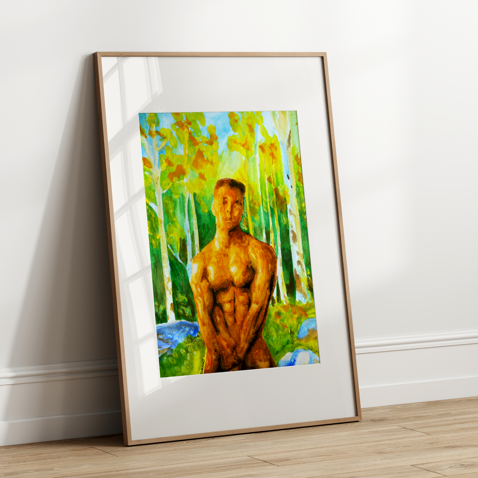 Watercolor painting of a muscular nude male in a misty forest, covering his groin with his hands, looking directly at the viewer. Expressive LGBTQ+ art by Zak Pop Art.