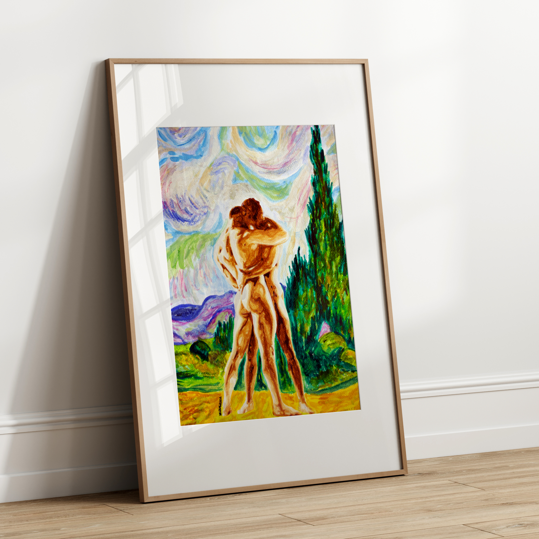 Framed painting of two people embracing on a white wall.