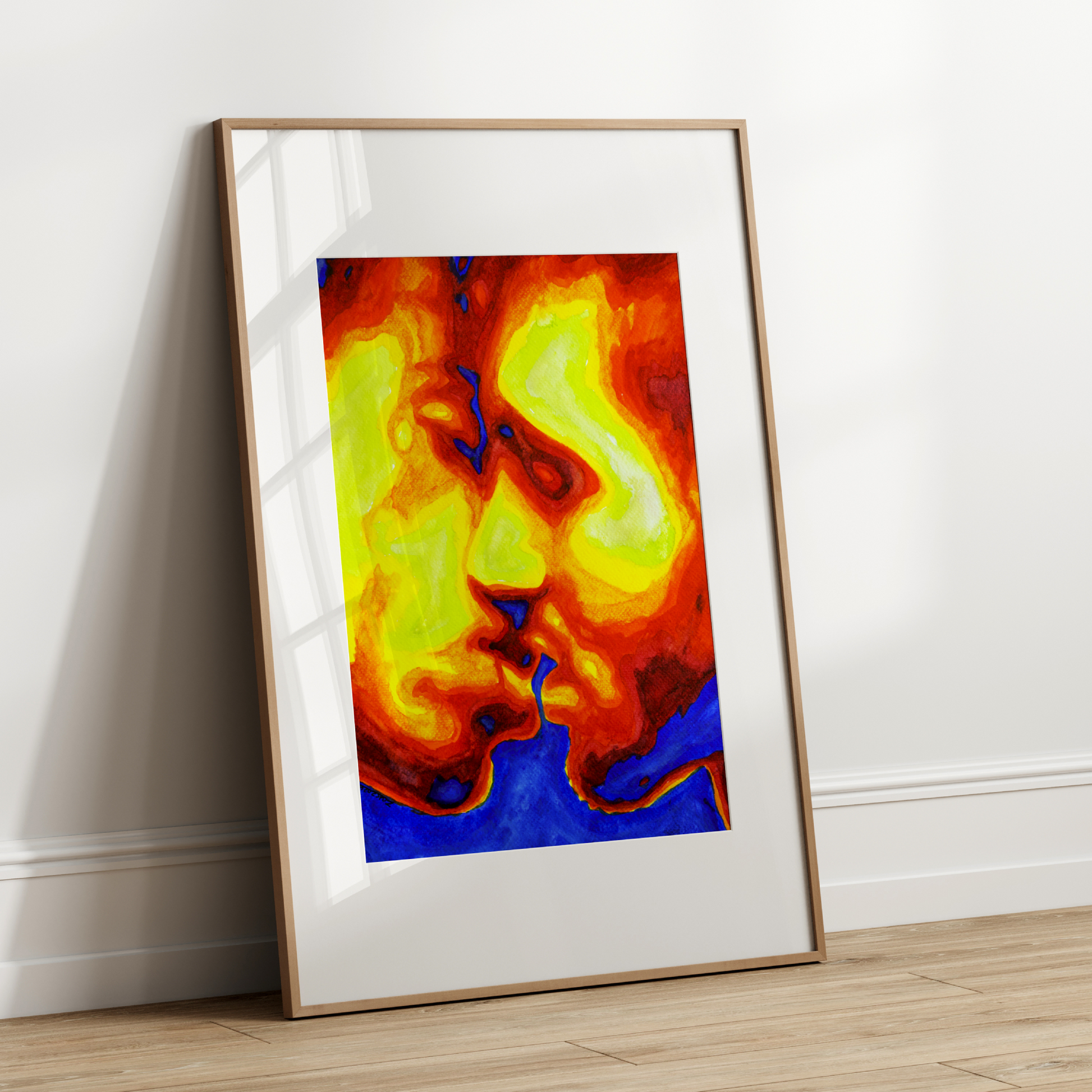 Watercolor painting of two men in profile kissing, with rainbow colors symbolizing LGBTQ+ pride and emotional warmth.