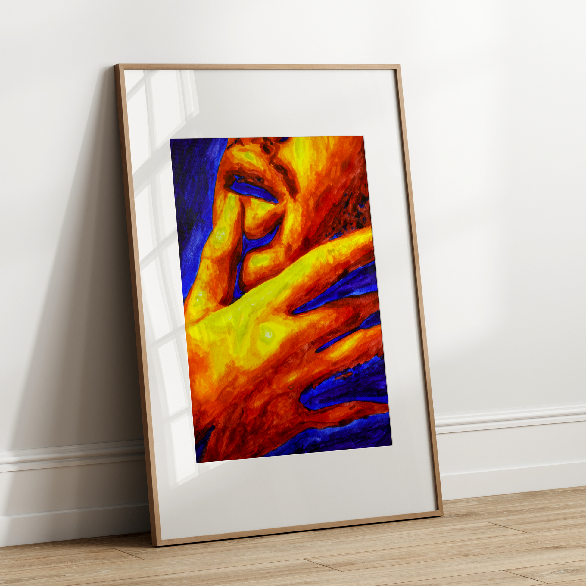 Watercolor painting of a side-profile portrait of a queer man touching his lips with his finger in a sensual gesture, with bold warm and cool tones.