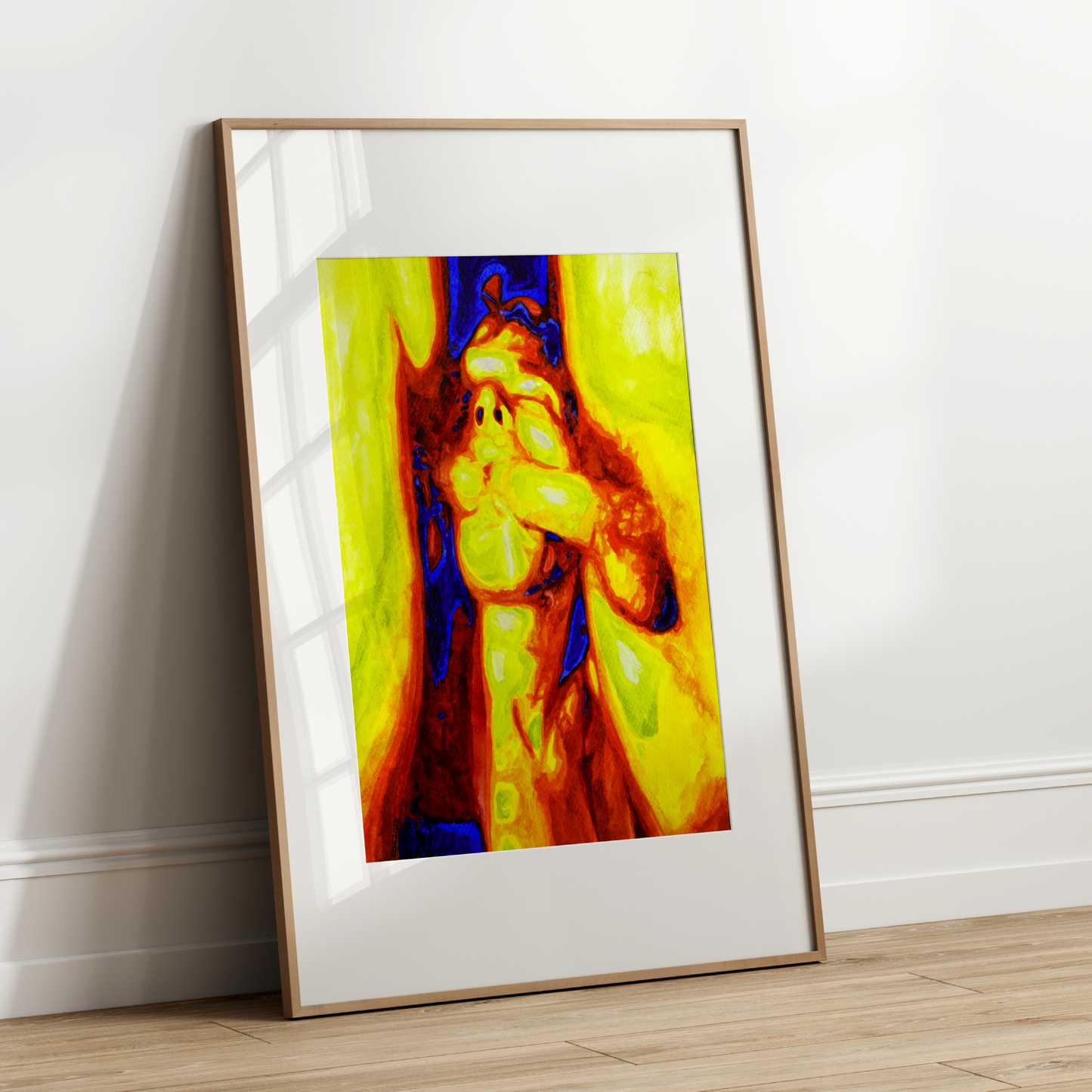A man on his knees between two nude men, looking up with his mouth open and tongue out, in a colorful watercolor scene expressing erotic queer desire.