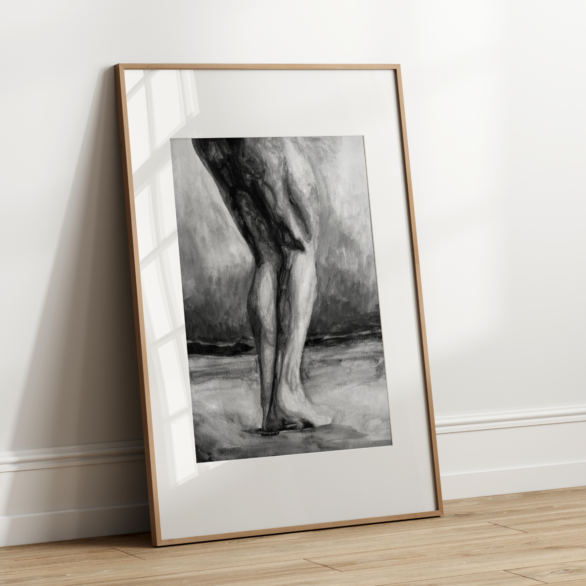 Black and white watercolor of muscular male legs standing barefoot in a field. Grayscale queer symbolism by Zak Pop Art