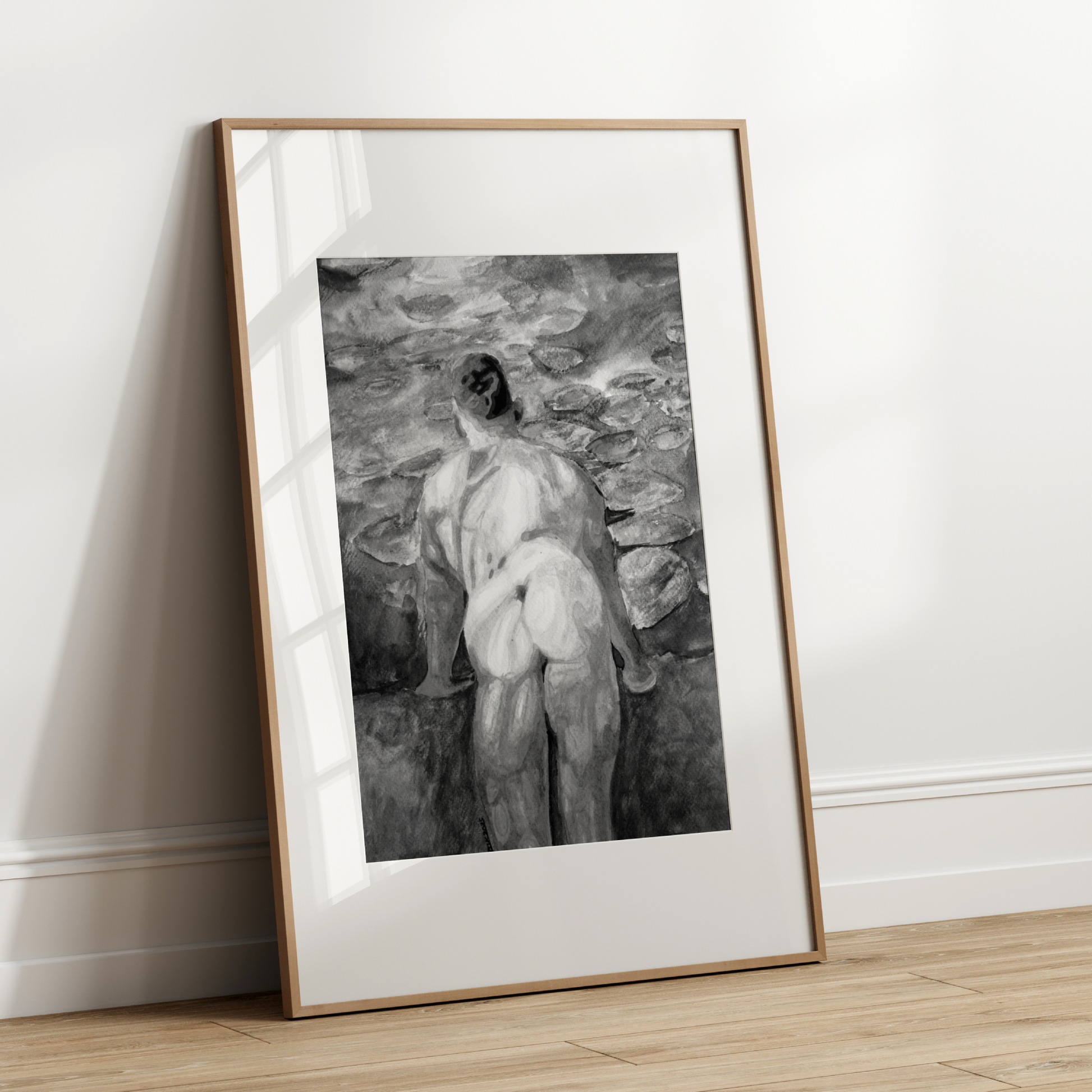 Black & White Watercolor – Muscular Nude Male with Impressionist Swamp
