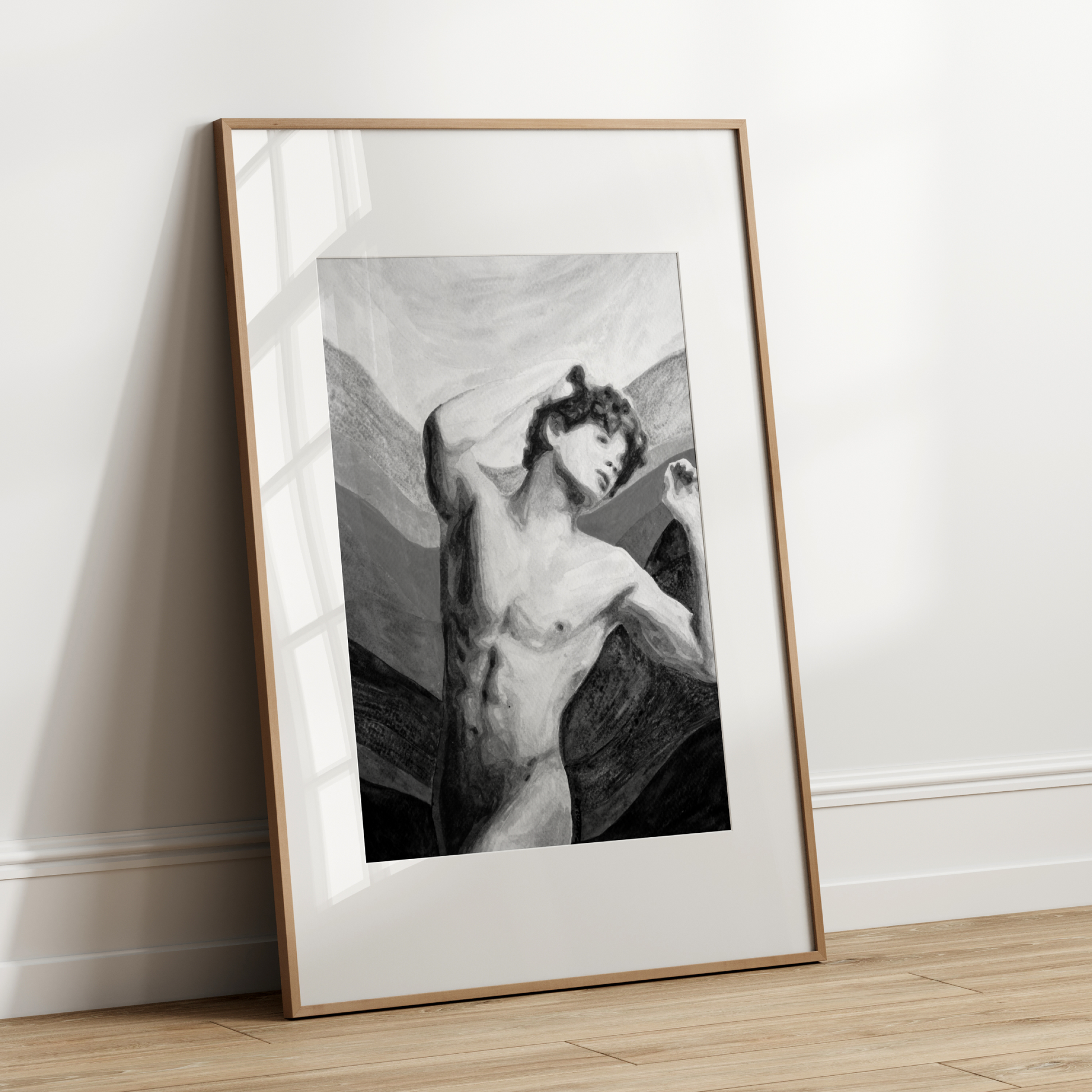 Black and white watercolor painting of a nude young man holding his red hair, with layered gray-toned background symbolizing the rainbow, expressing queer identity and emotional strength. Original Zak Pop Art.