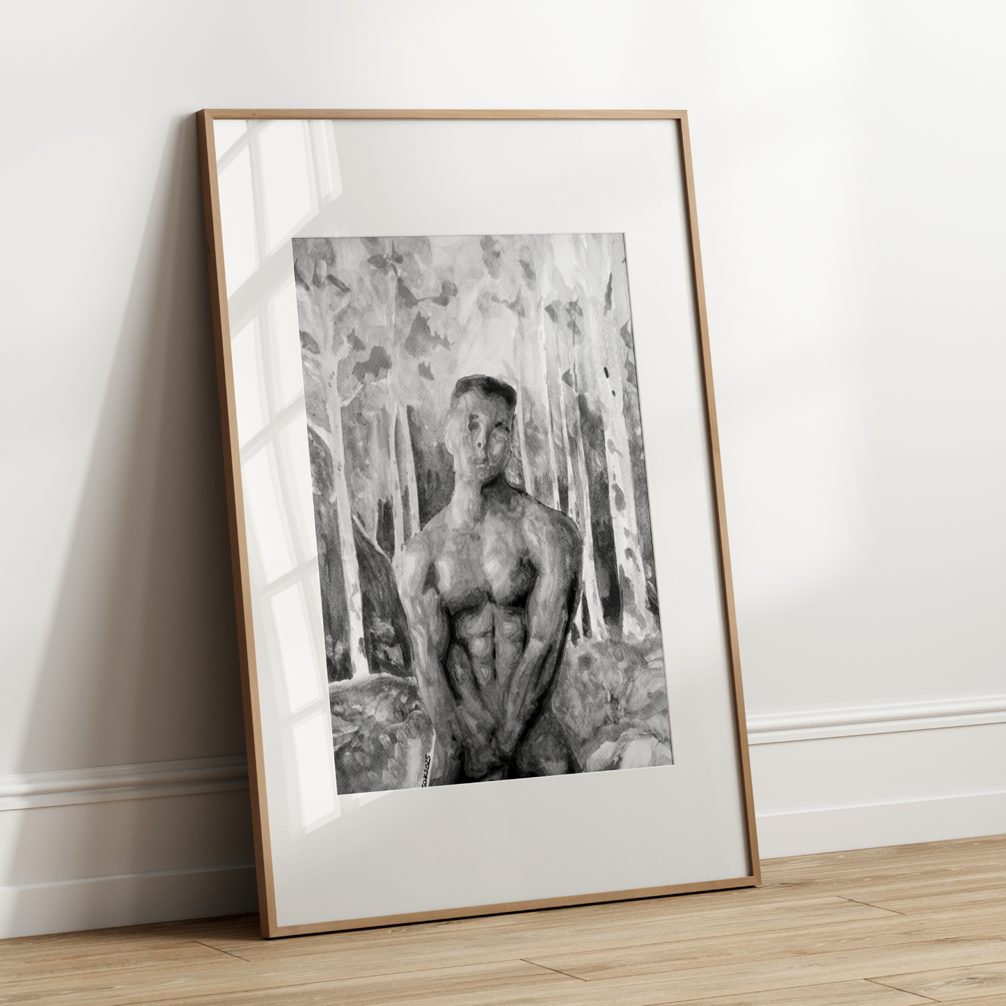 
Black and white watercolor painting of a muscular nude man in a misty forest, covering his genitals with one hand and looking directly at the viewer. Queer male figure art by Zak Pop Art.