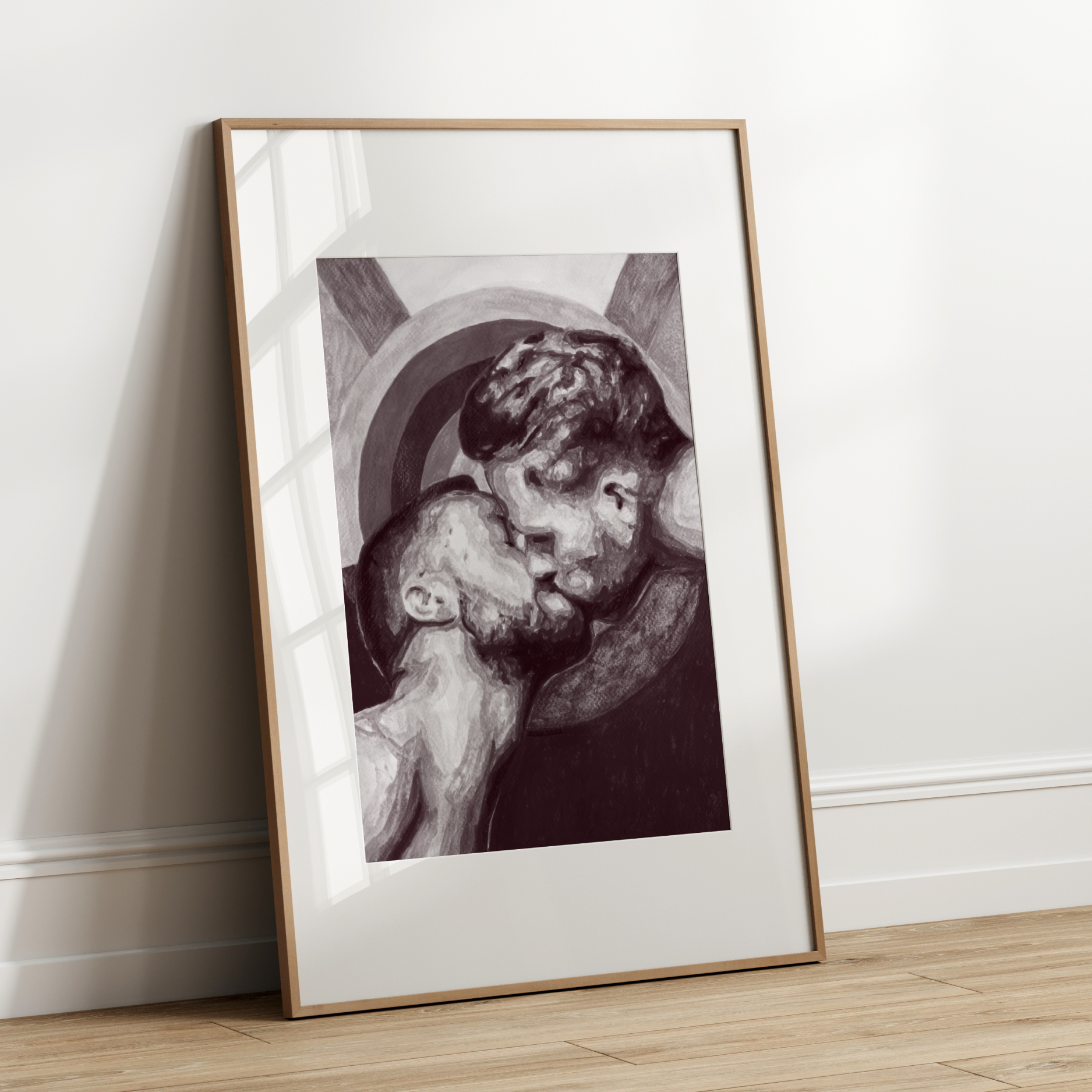 Framed artwork of a child and dog on a white wall.
