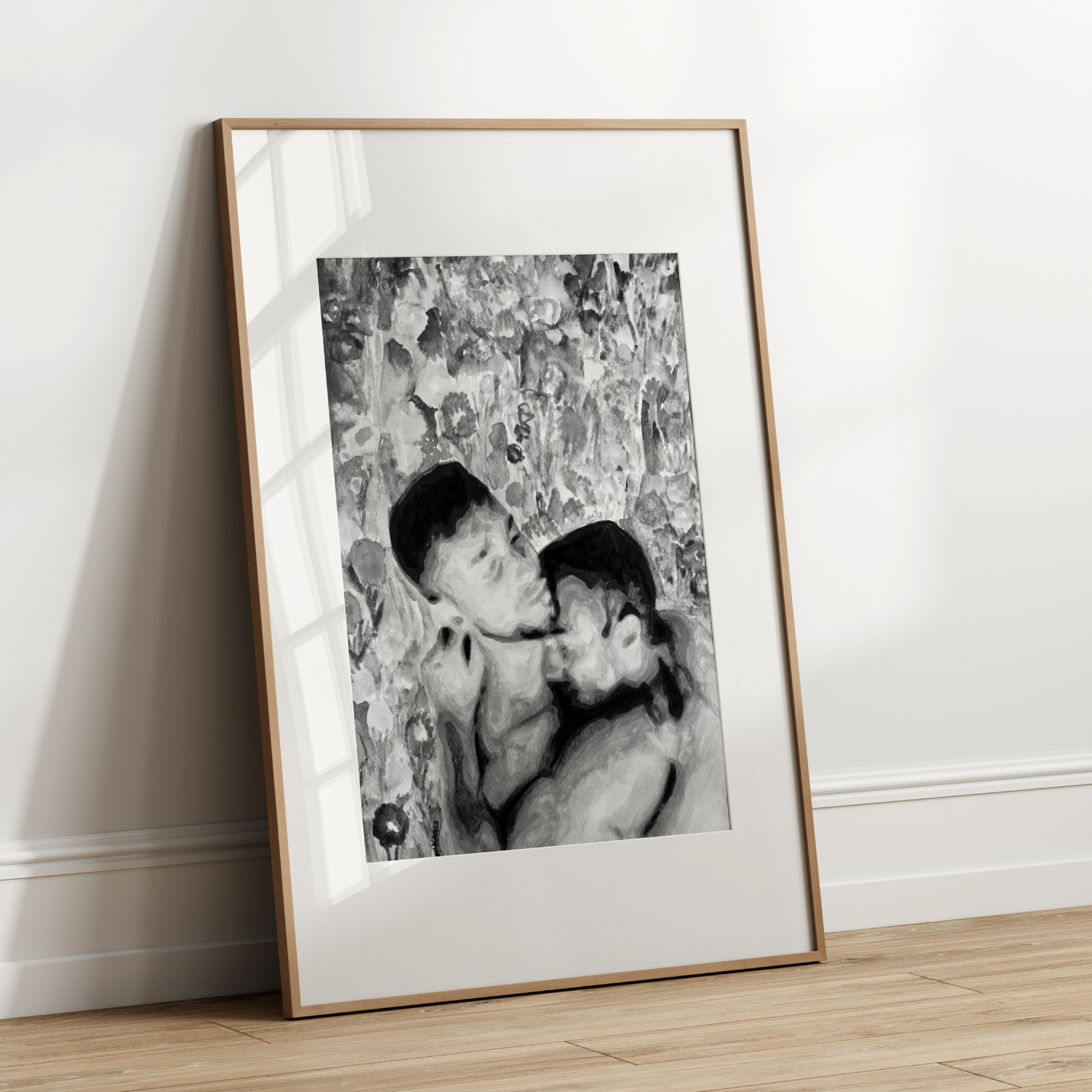 Black and white watercolor painting of two nude gay men embracing tenderly, shown from the waist up. Behind them is vintage floral wallpaper in grayscale, symbolizing queer intimacy and timeless elegance.