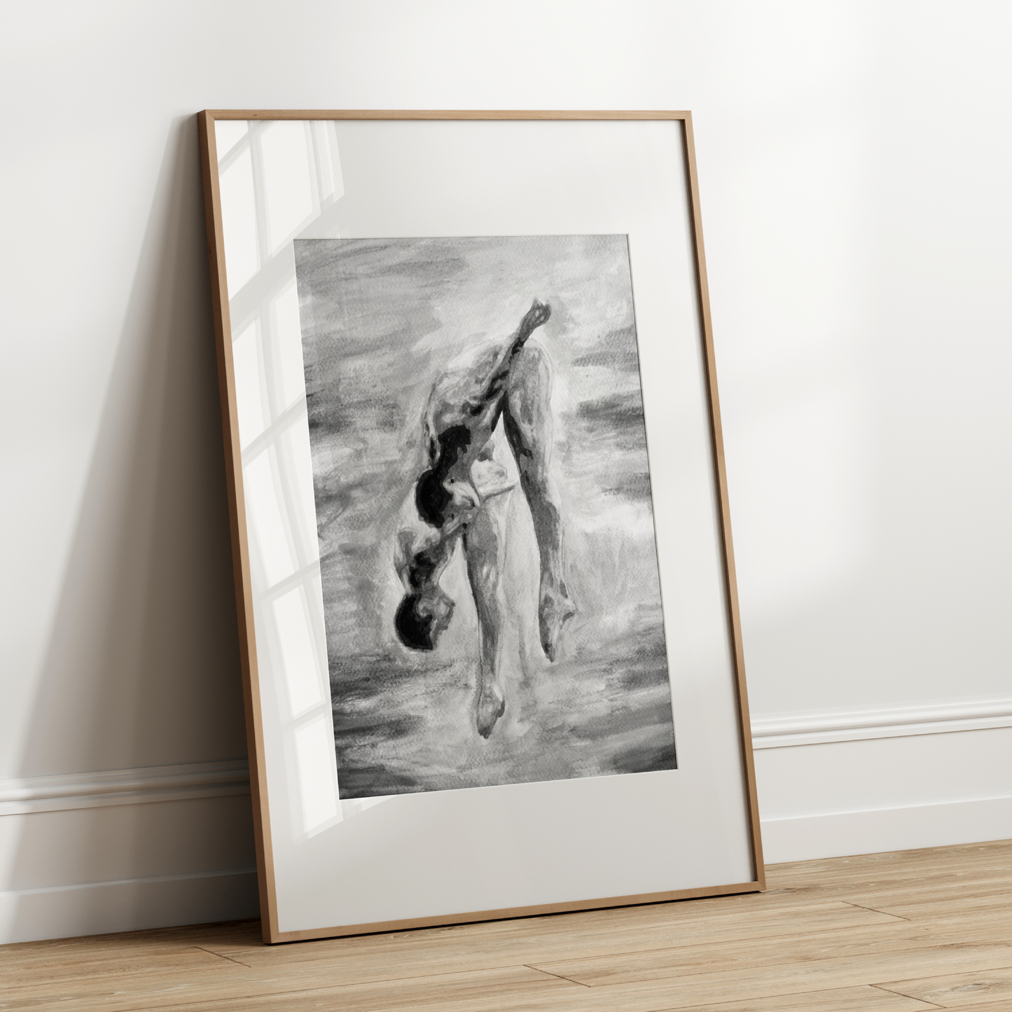 Black and white watercolor of two nude men jumping into water, viewed from behind, grayscale tones with expressive splashes and sky.