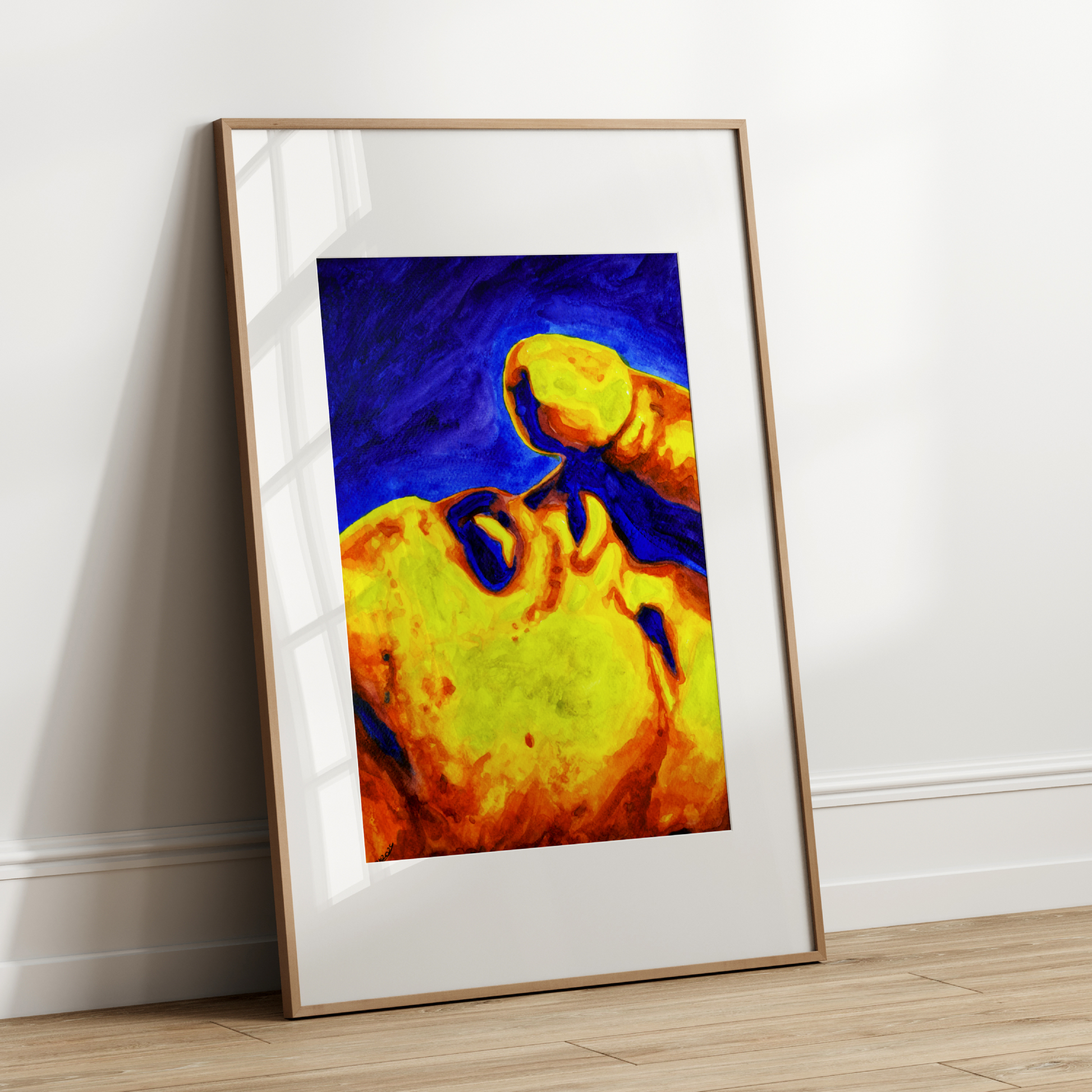 Watercolor painting of two men in an intimate moment, one gazing upward toward the other’s muscular body. A sensual queer artwork by Zak Pop Art.