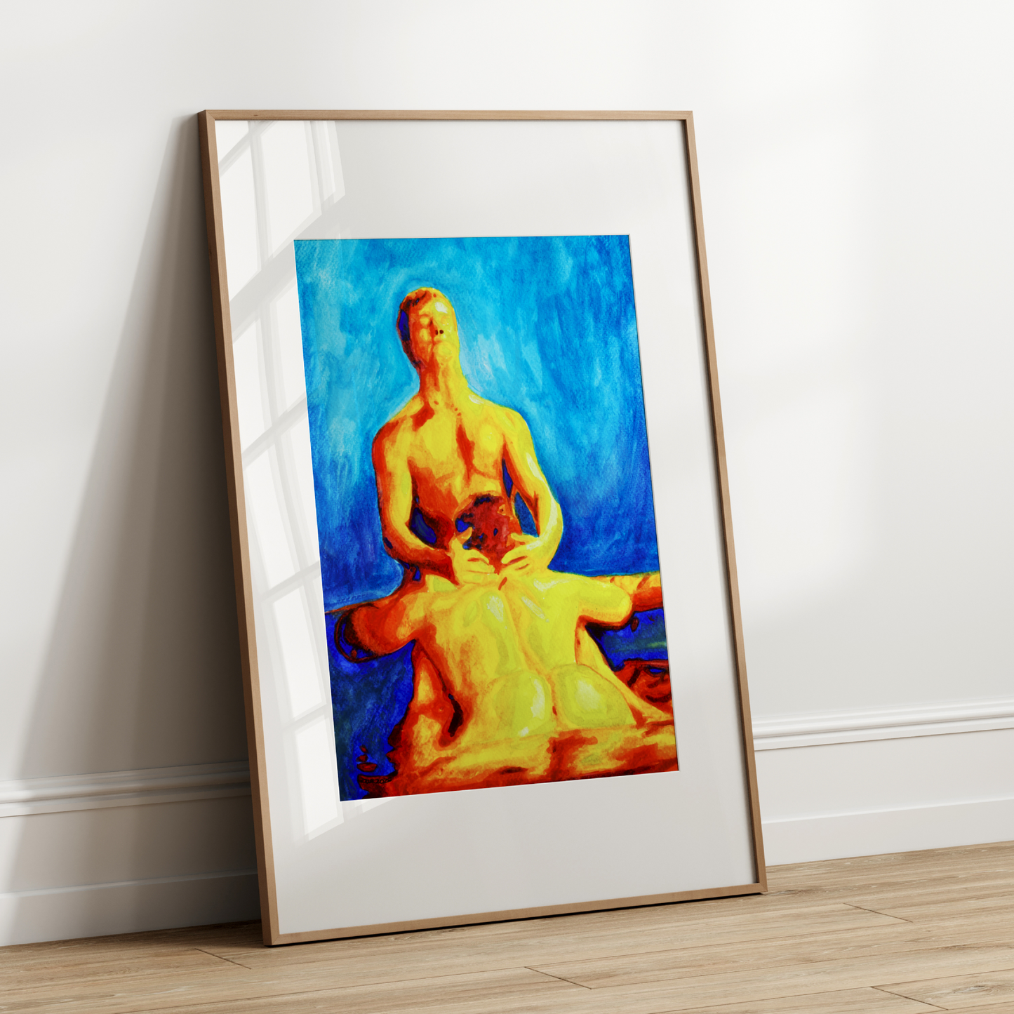 A romantic watercolor painting of two nude men sharing an intimate moment in a golden-lit jacuzzi. One man sits peacefully in the water while the other gently leans forward in a tender gesture of closeness and affection. The background features soft golden tones and delicate floral details, creating a dreamy and emotionally warm atmosphere that honors queer love and connection.