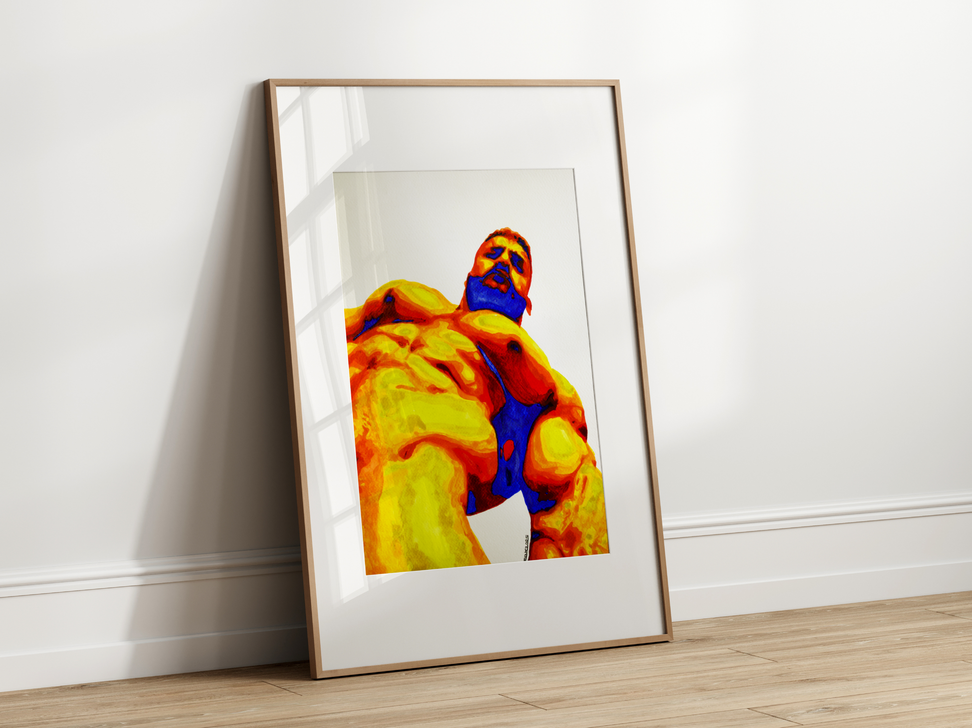 Bold watercolor painting of a muscular nude male viewed from a low angle, using vivid heatmap colors—yellow, red, and blue—symbolizing queer strength and sensuality, by Zak Pop Art.