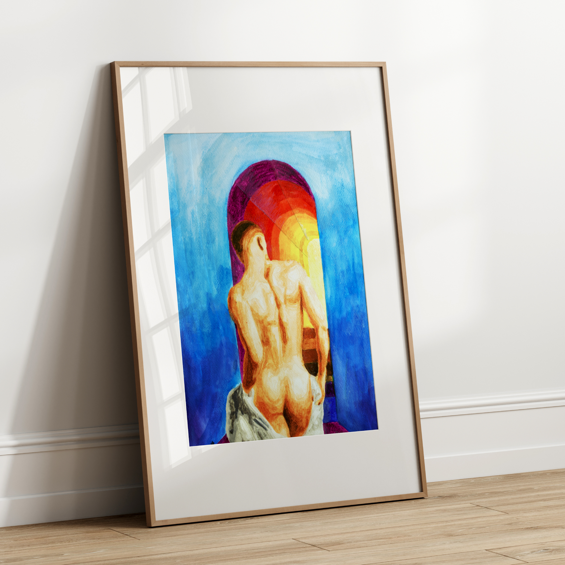 
Watercolor painting of a nude male from behind walking up stairs into the sky, with a rainbow and bright blue sky in the background.