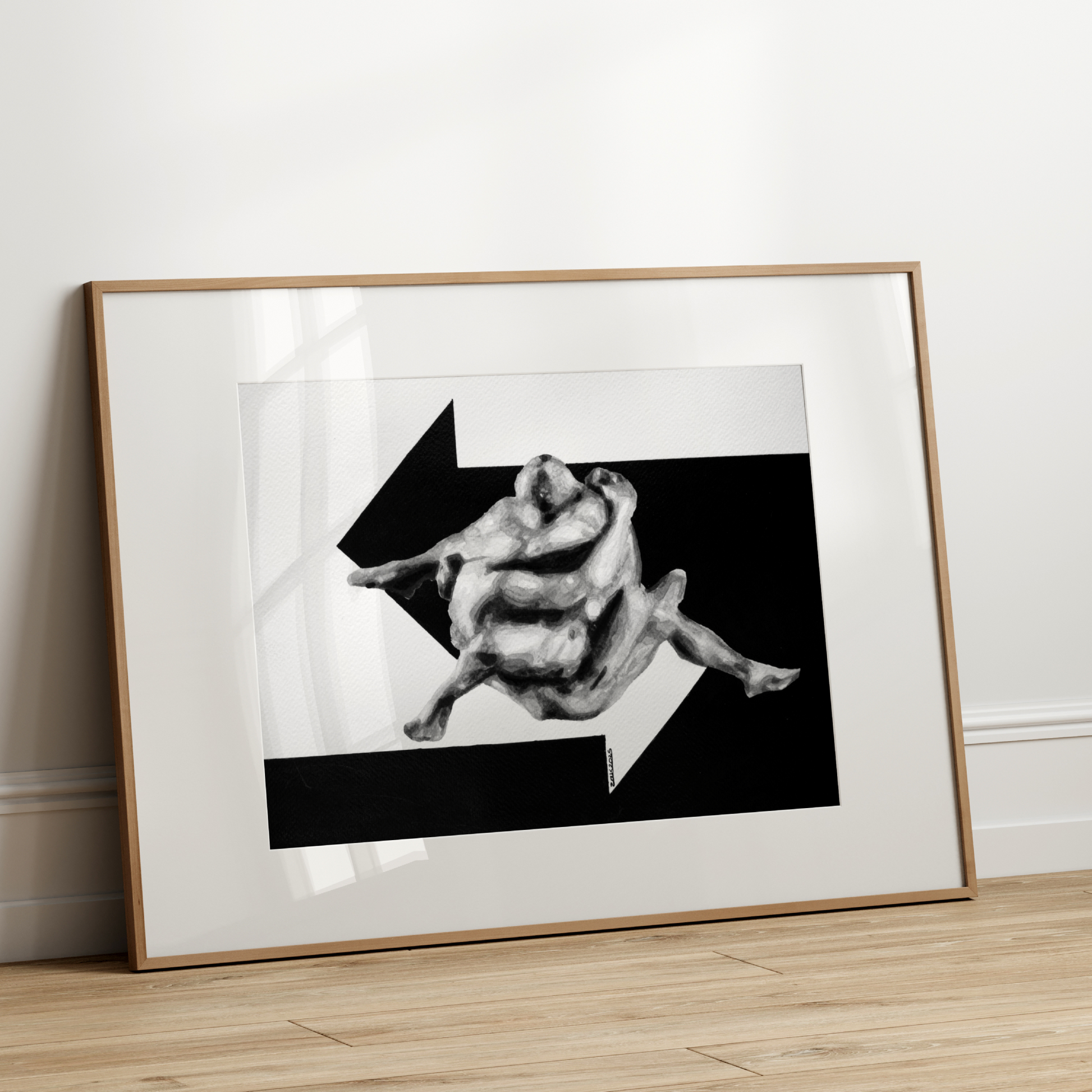 Black and white watercolor print of two nude men merged into one abstract form, with an arrow entering from the right and another from the left.