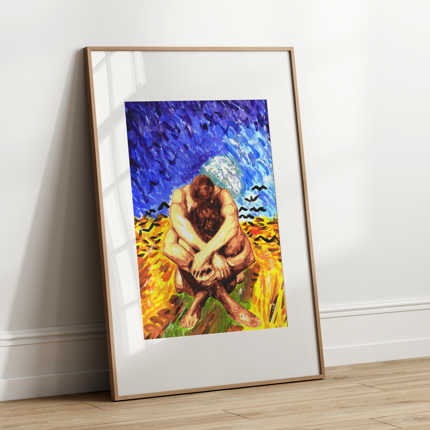 Framed artwork of a couple embracing in a field of sunflowers against a blue sky.