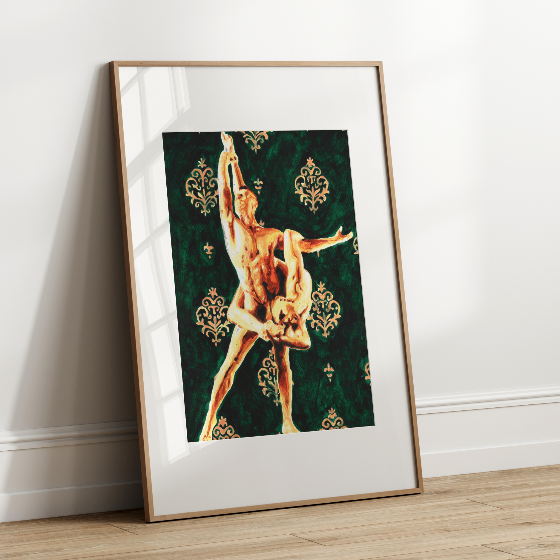 Framed artwork of a dancer on a green background leaning against a white wall.