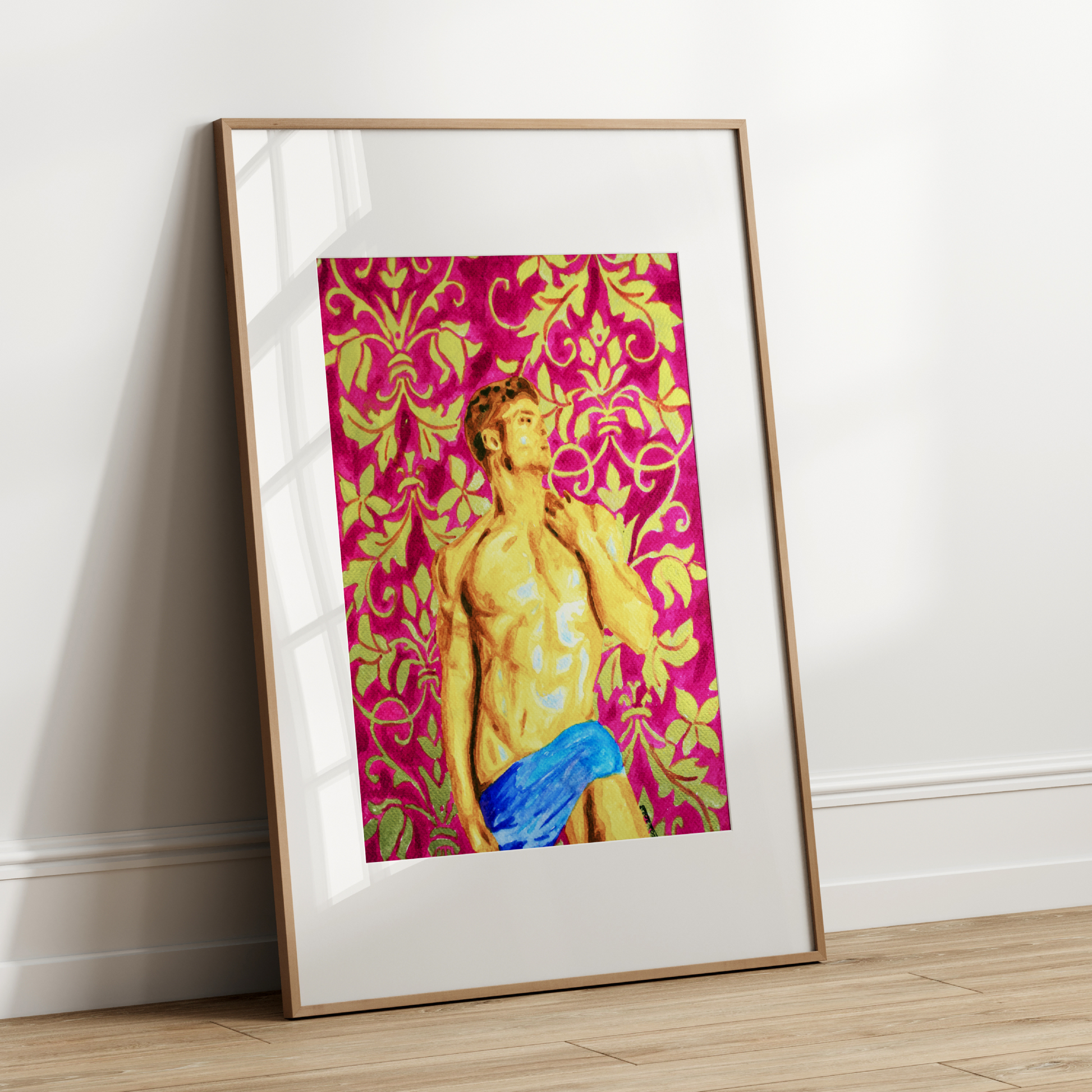 Greek-style muscular nude male with blue cloth and antique banana leaves in pink and gold