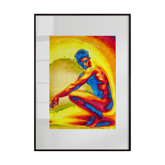Framed artwork of a colorful figure on a white background