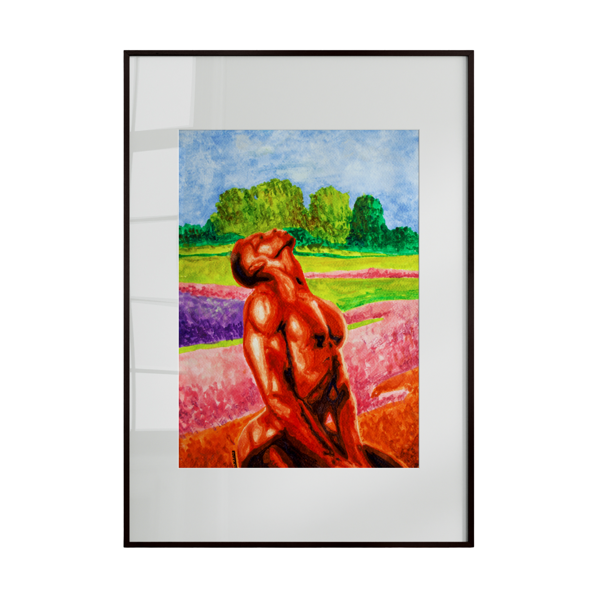 This artwork features a vibrant and colorful portrayal of a gay man in a nature-inspired setting, surrounded by lush greenery and a picturesque landscape. Expressive color and organic forms celebrate identity, freedom, and connection to the natural world.