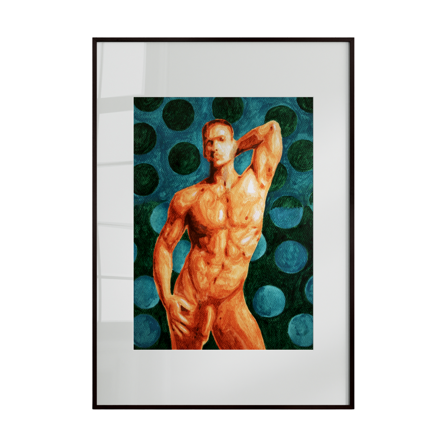 Framed artwork of a muscular man against a polka dot background