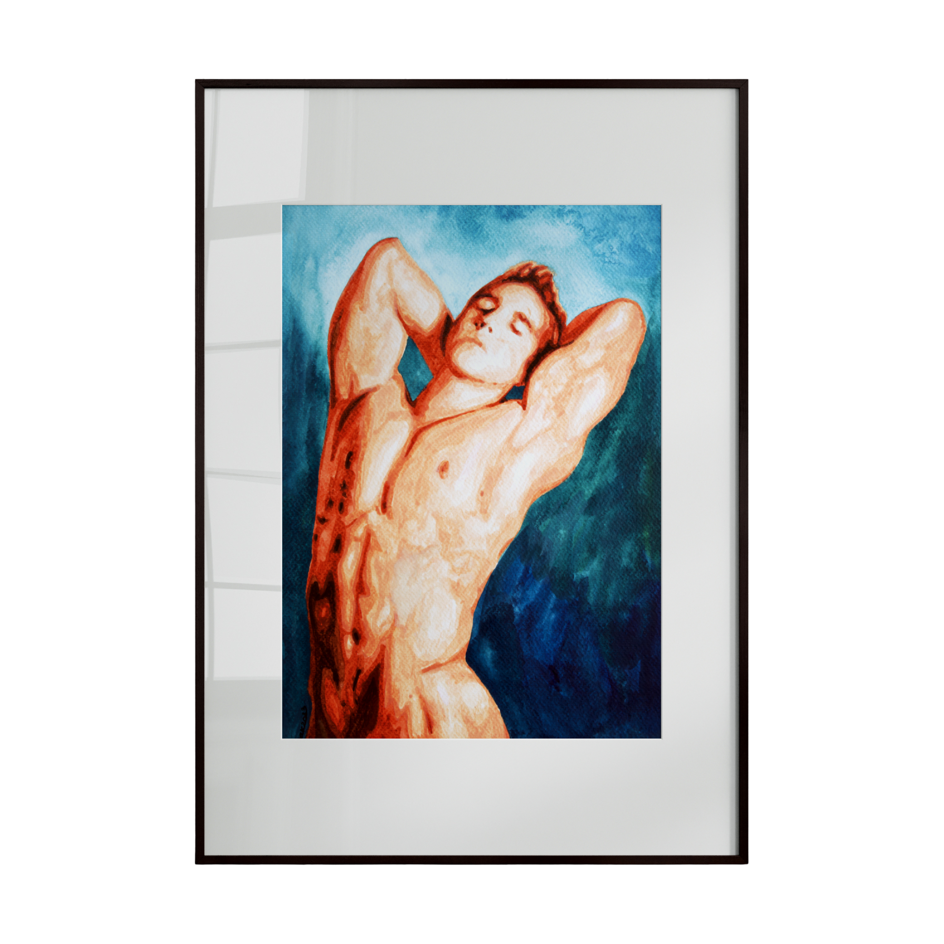 male figure with well-defined muscles, leaning back with his hands resting behind his head, set against a lush green background. The posture exudes calm confidence, ease,