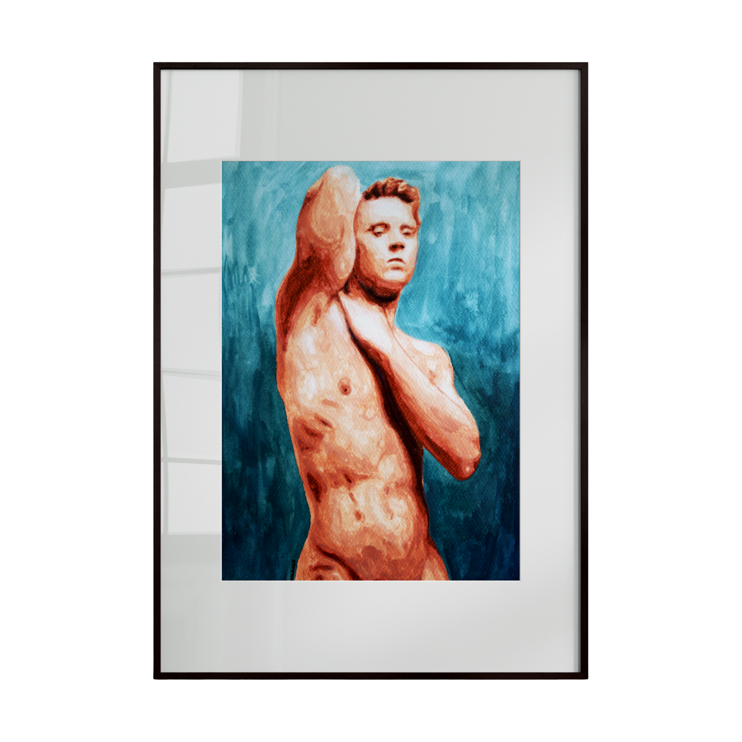 A nude male gay art print featuring a vibrant and detailed depiction of the male form. Rendered in a balanced blend of warm and cool hues, the artwork highlights the contours and muscular texture of the body, celebrating strength, beauty, and expressive identity.