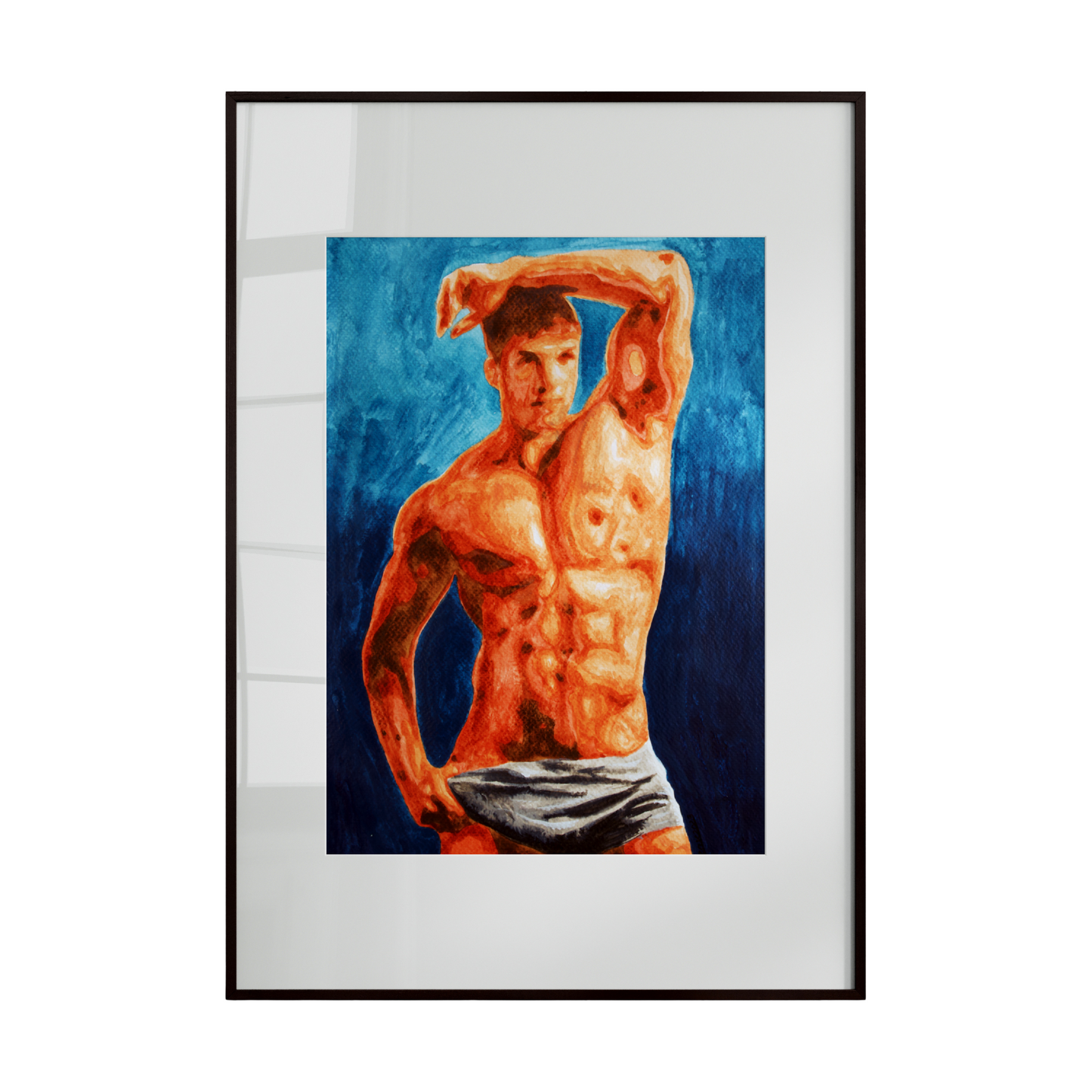 nude male figure rendered in a vivid, expressive painting style that emphasizes emotion through color and form. Warm orange tones shape the body, conveying energy, confidence, and presence,