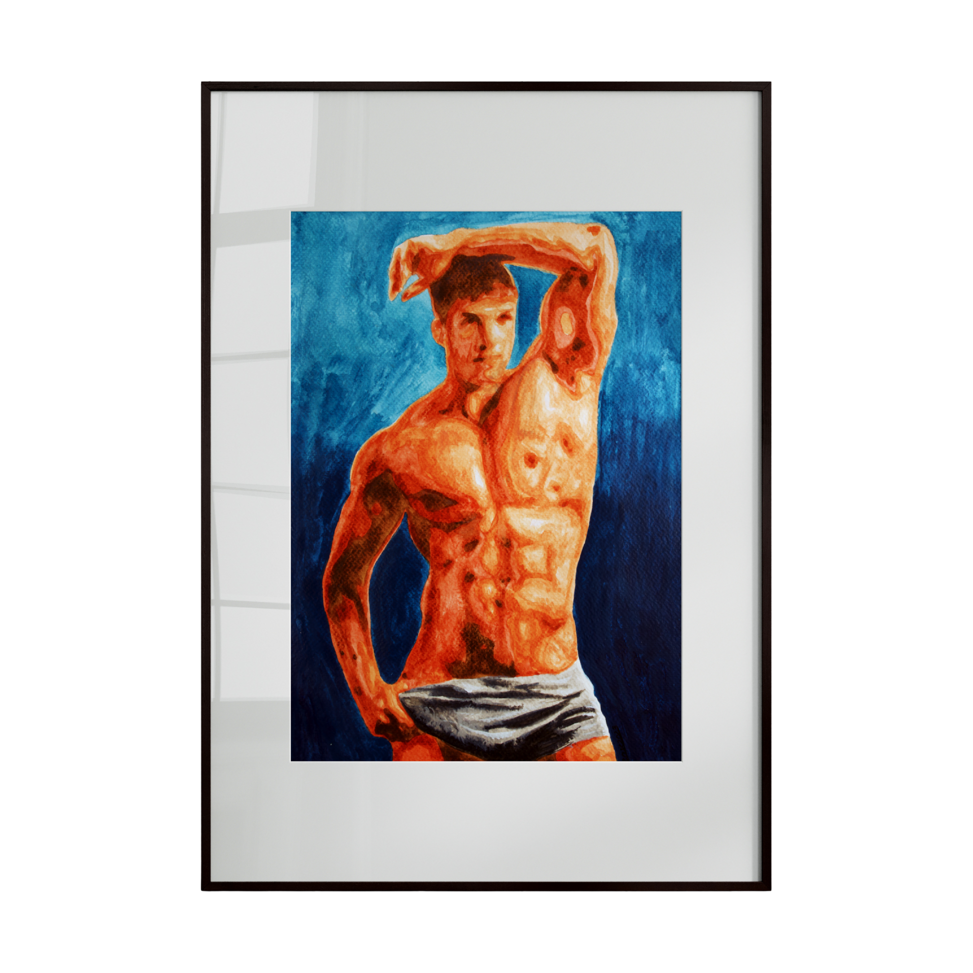 nude male figure rendered in a vivid, expressive painting style that emphasizes emotion through color and form. Warm orange tones shape the body, conveying energy, confidence, and presence,