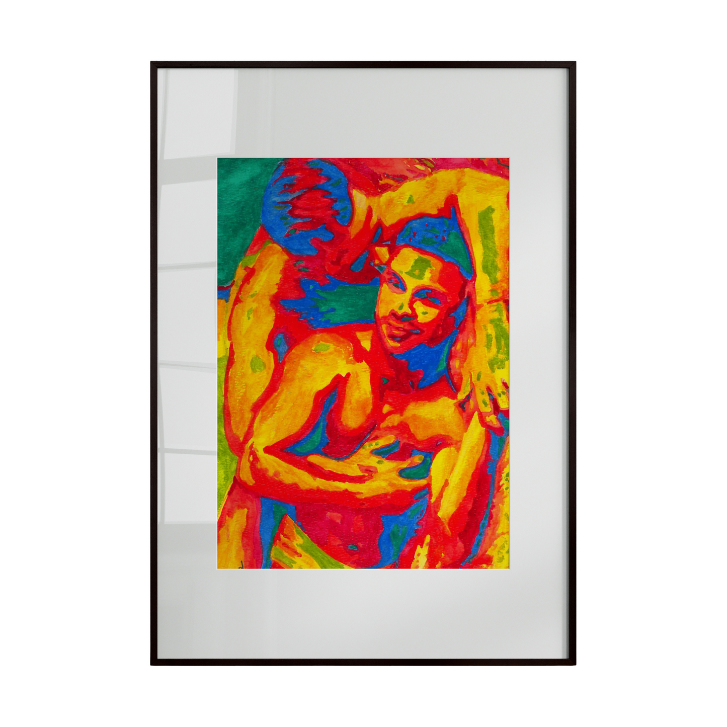 two men embracing each other, blending moments of tenderness, movement, and connection. The use of both warm and cool colors creates a dynamic contrast, evoking the heat of passion and the calm of quiet intimacy simultaneously.