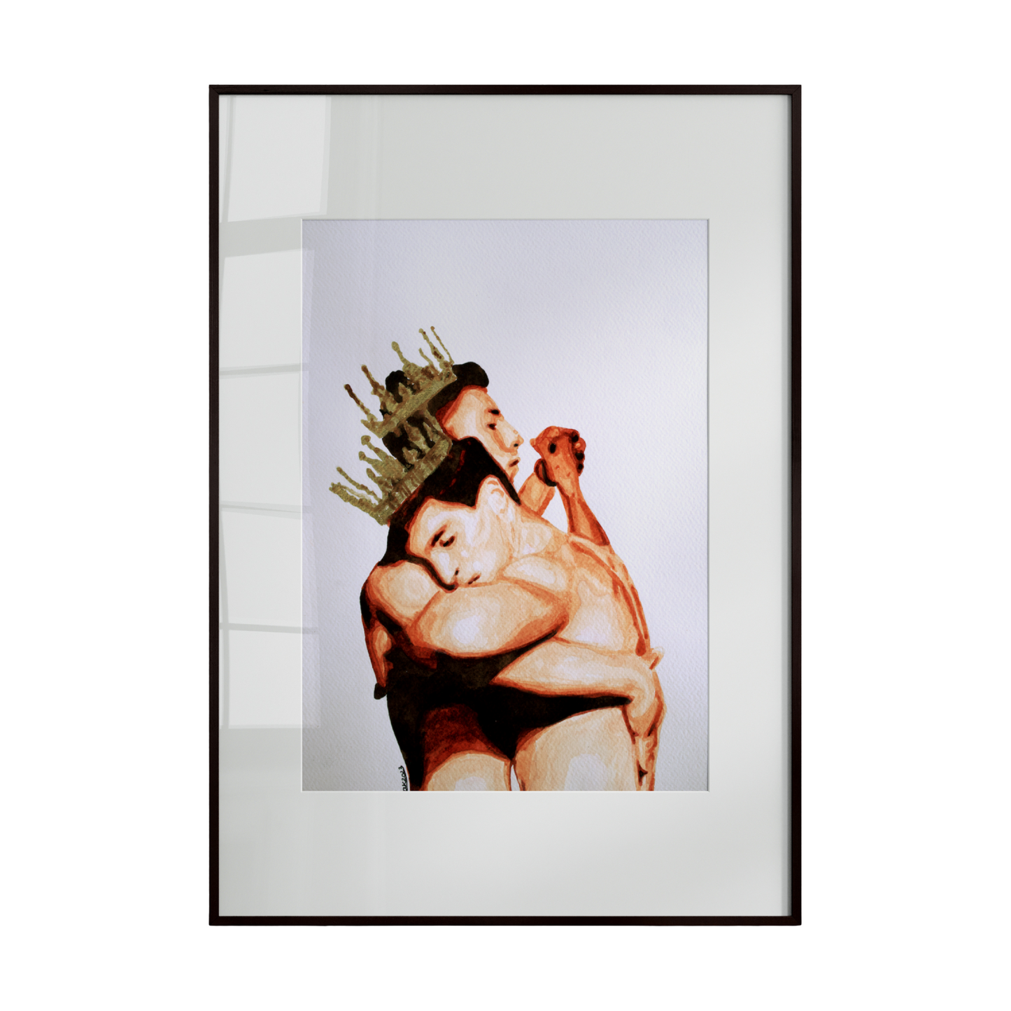same-sex couple wearing crowns, embracing each other tenderly. The composition conveys intimacy, mutual respect