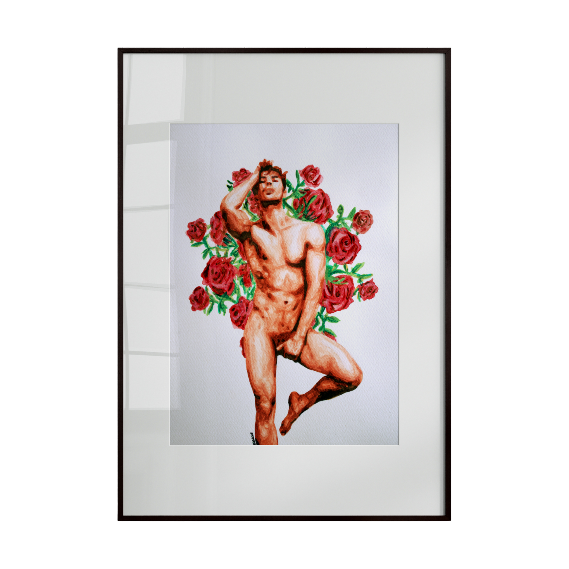 gay embracing tenderly in front of a lush green garden bursting with blooming flowers. Soft, fluid brushstrokes and vibrant colors highlight the intimacy, 