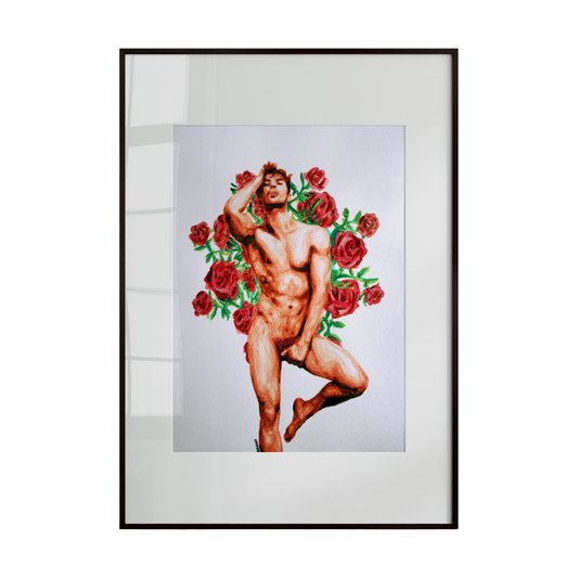 gay embracing tenderly in front of a lush green garden bursting with blooming flowers. Soft, fluid brushstrokes and vibrant colors highlight the intimacy, 