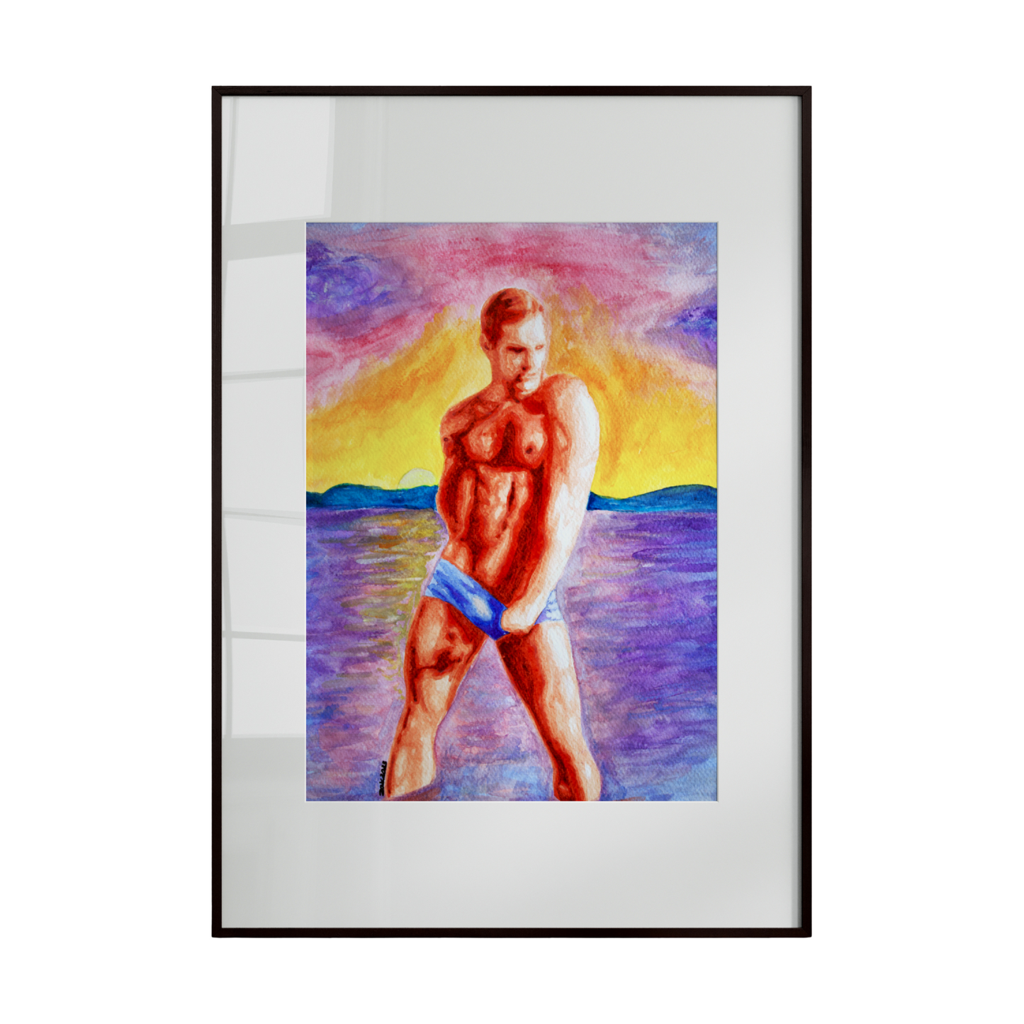 A watercolor painting of a man in swimwear standing by the shore at sunset. Warm golden and soft pink hues of the sky reflect on the water, capturing the tranquil, reflective mood of the scene.