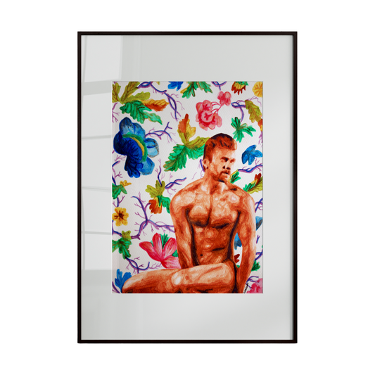 A nude male figure delicately surrounded by a vibrant array of spring flowers. The composition blends natural beauty with human form, celebrating color, softness, and artistic elegance.