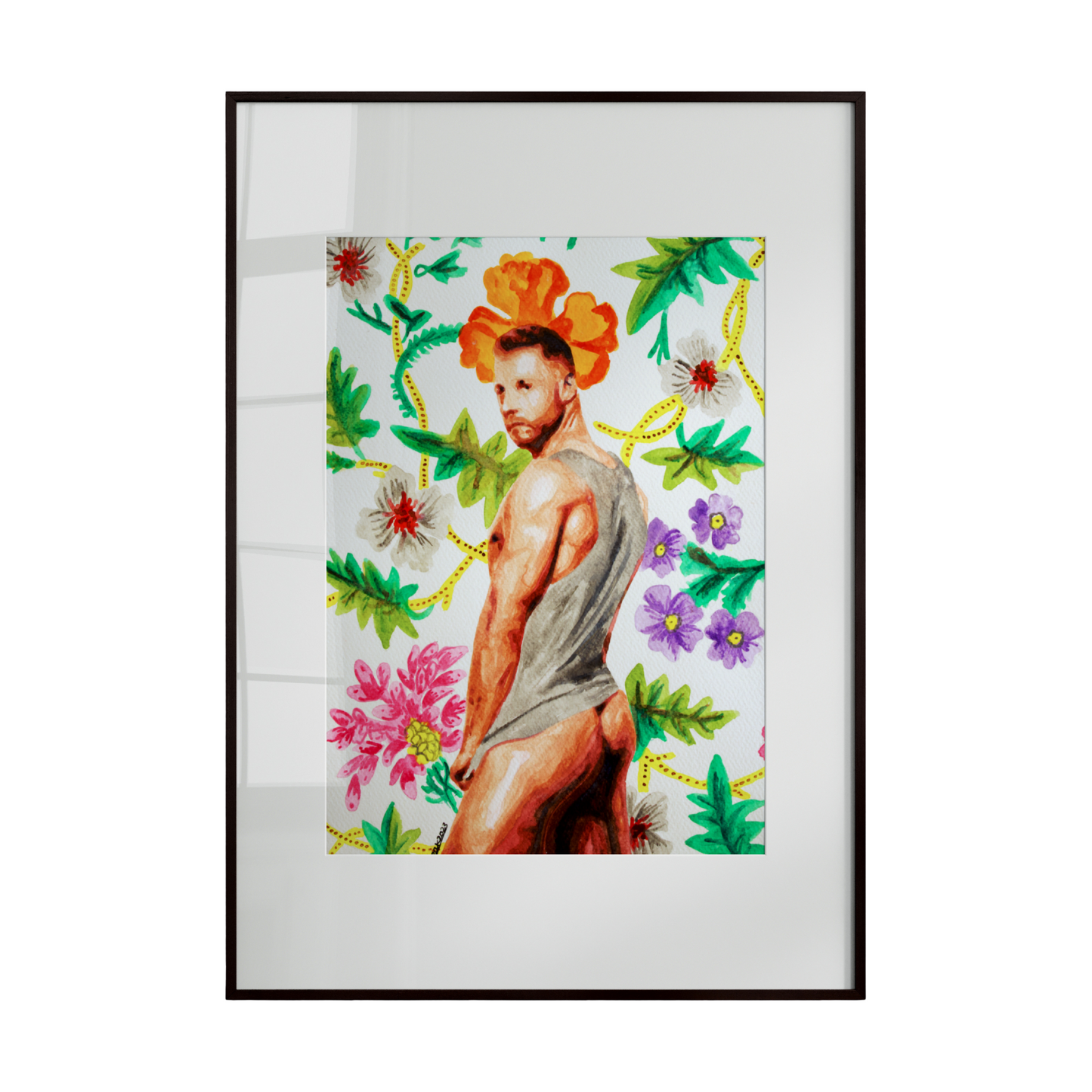 A nude male figure rendered in watercolor, surrounded by a vibrant floral backdrop with lush greenery. The composition celebrates the harmony between human form, color, and nature’s beauty.