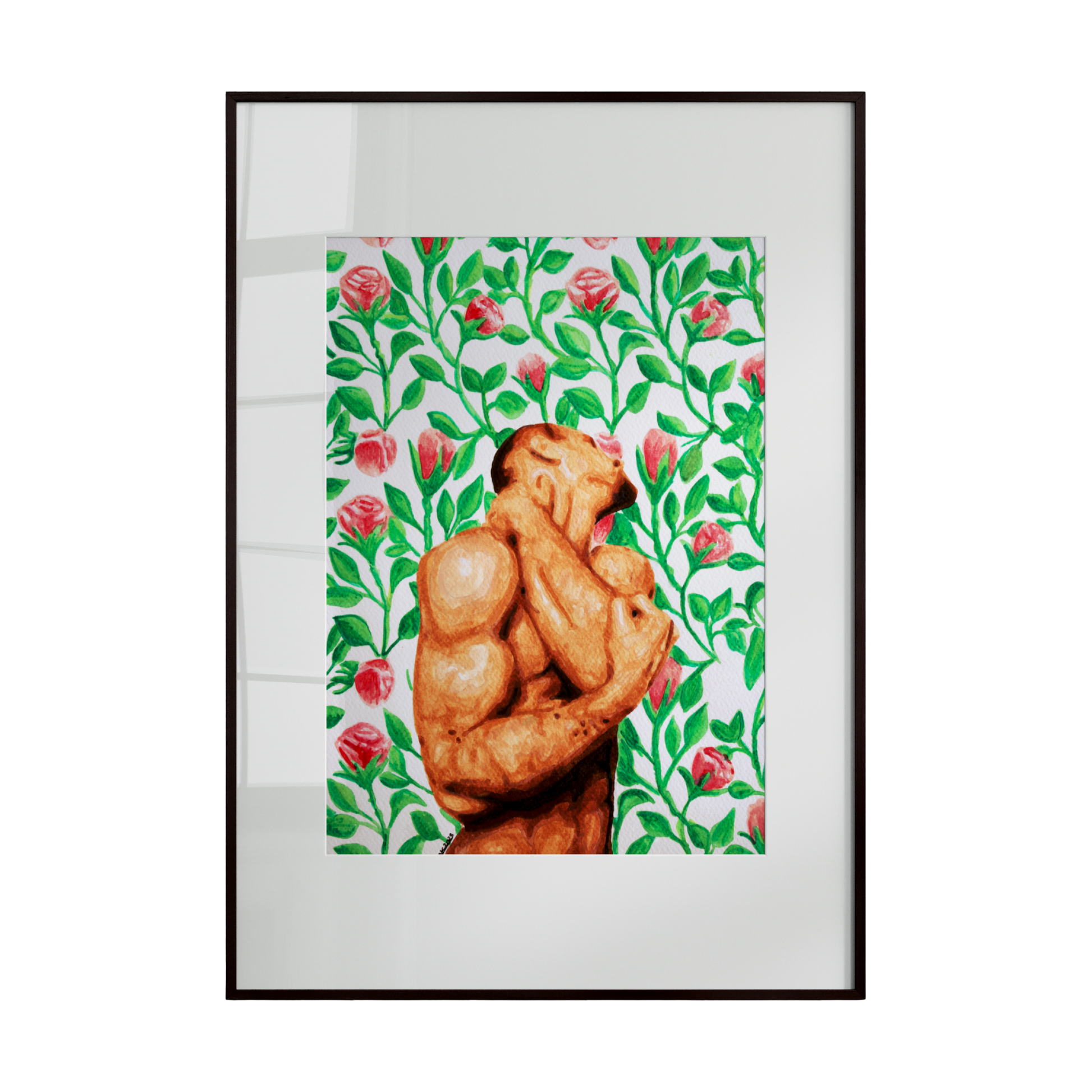 male figure rendered in a soft, realistic style, surrounded by vibrant spring buds and detailed floral patterns.