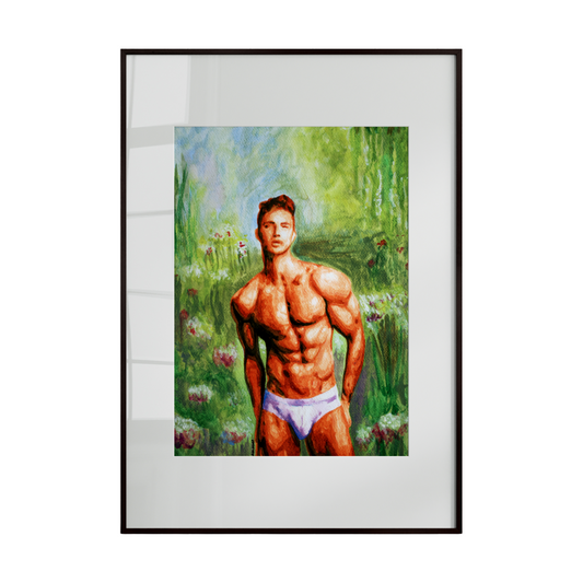 A muscular male figure wearing pink swim trunks stands confidently within a lush forest setting. The contrast between the soft pink tones and the rich green surroundings highlights strength, balance, and a bold sense of self-expression.