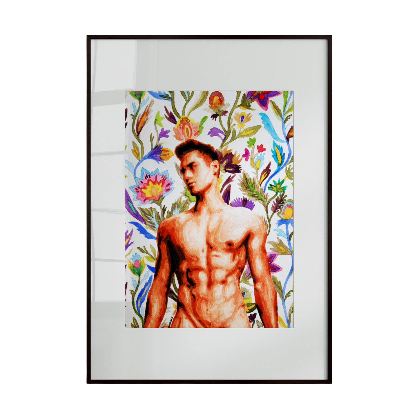 a nude male figure surrounded by a vibrant and detailed spring floral pattern. The interplay of bold colors and intricate blooms creates a lively, dynamic composition,