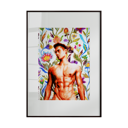 a nude male figure surrounded by a vibrant and detailed spring floral pattern. The interplay of bold colors and intricate blooms creates a lively, dynamic composition,