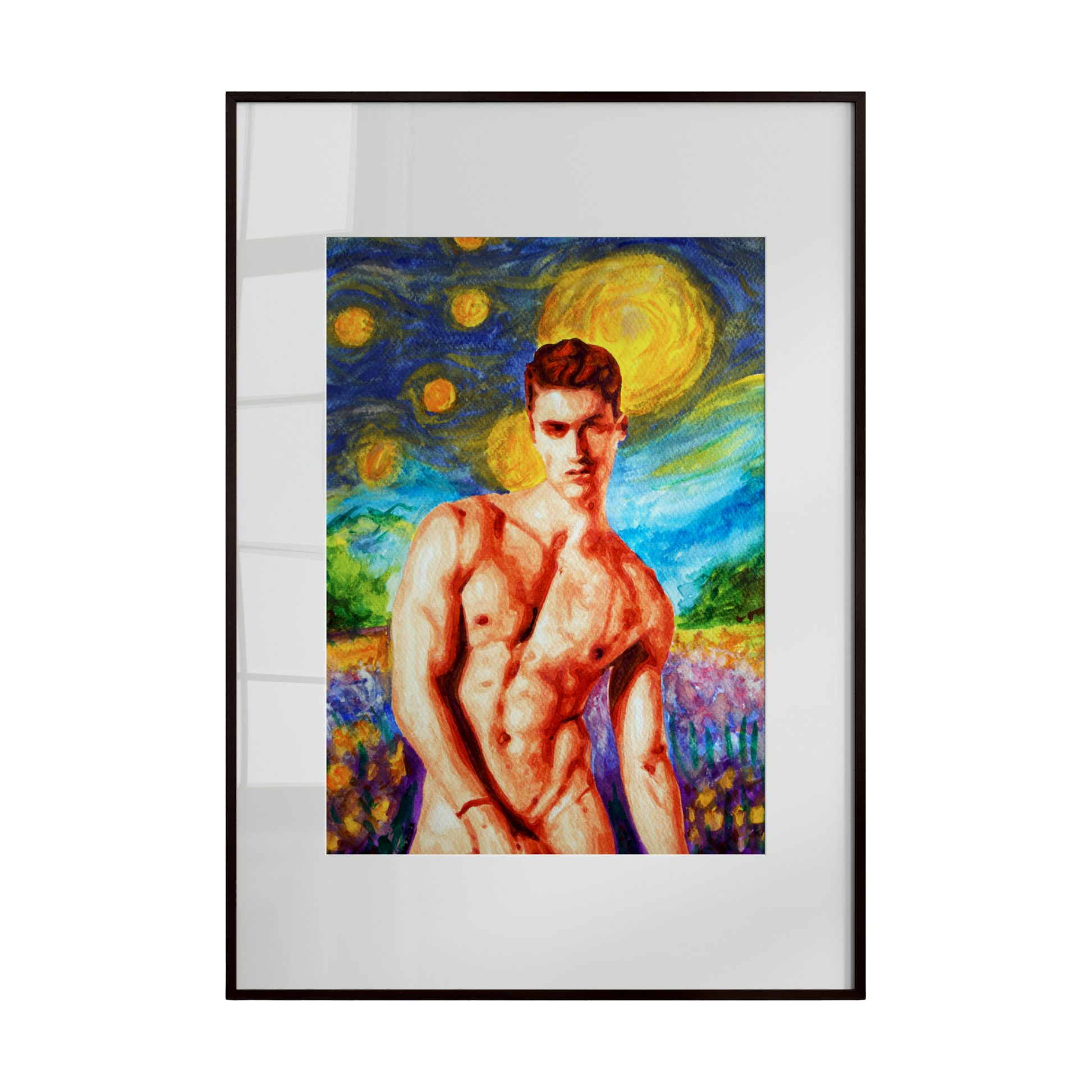 nude male figure against a swirling, vibrant starry night sky. Bold, expressive brushstrokes and rich, luminous colors bring the figure to life, emphasizing the contours of the body and the intensity of the scene. 